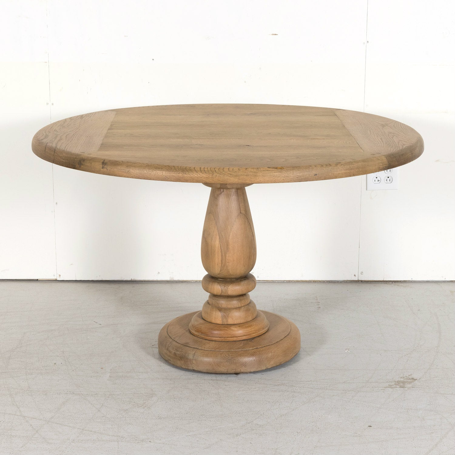 Antique French Carved Bleached Oak Round Pedestal Dining or Farm Table