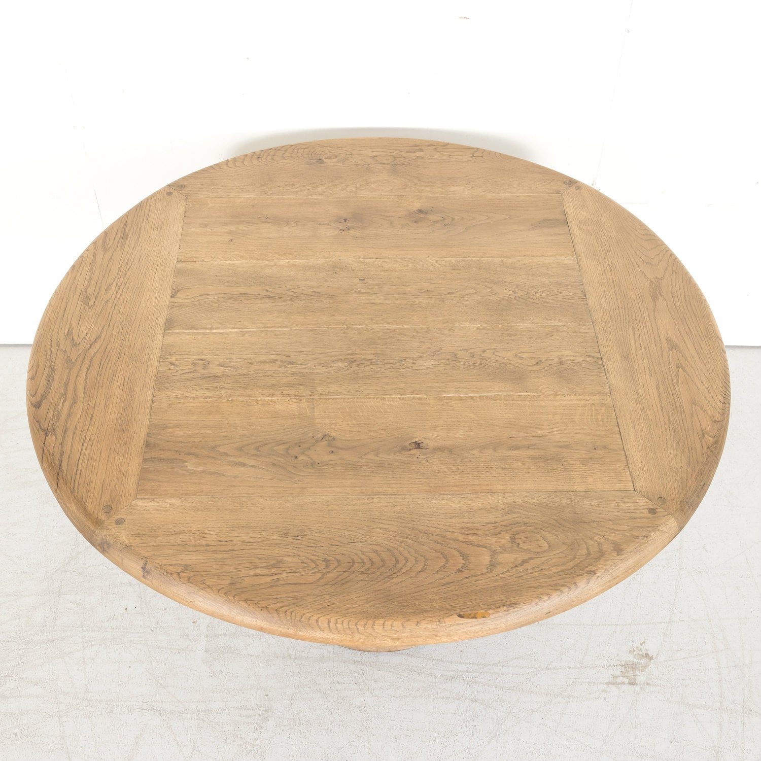 Antique French Carved Bleached Oak Round Pedestal Dining or Farm Table