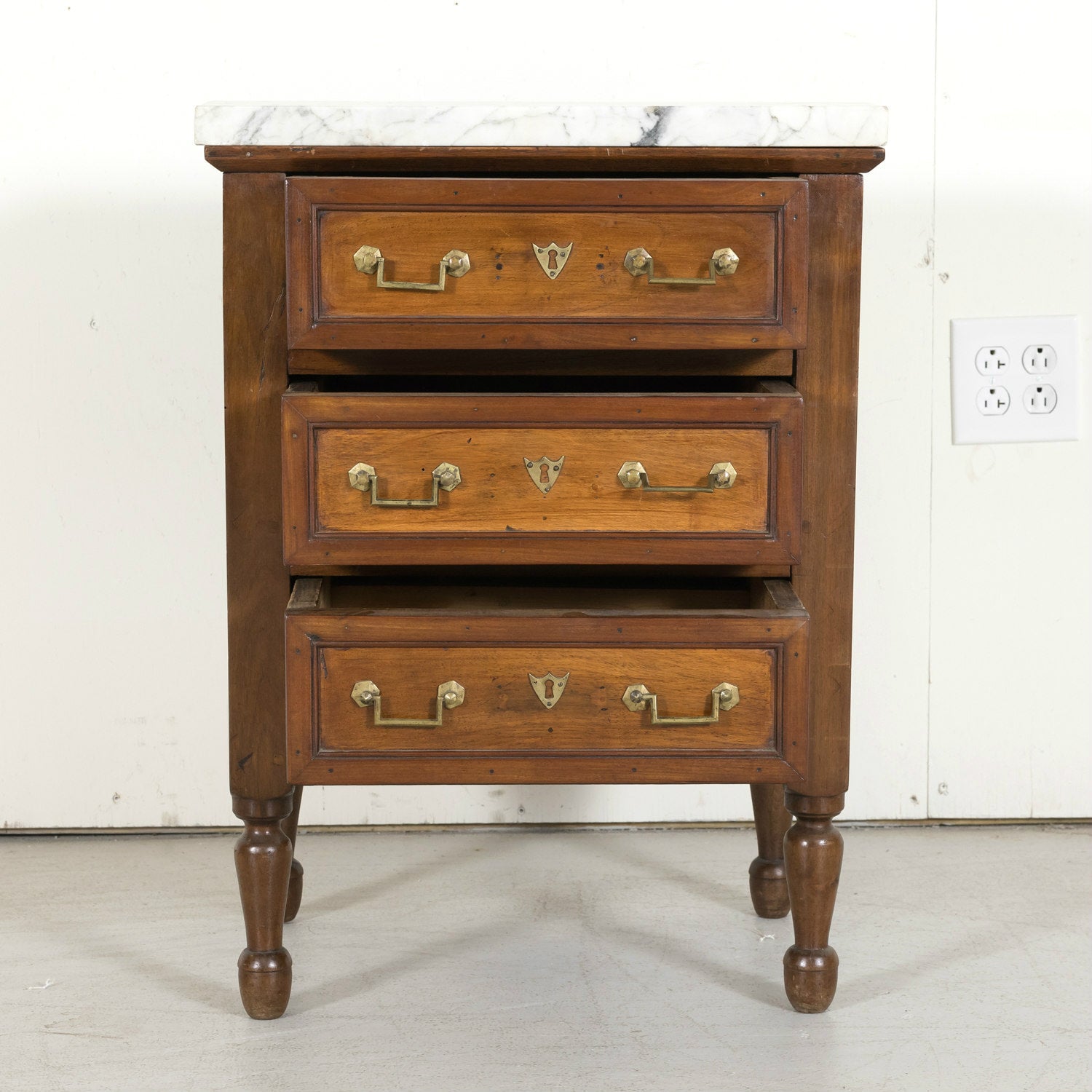 19th Century French Louis XVI Style Petite Three-Drawer Walnut Commode with Carrara Marble Top