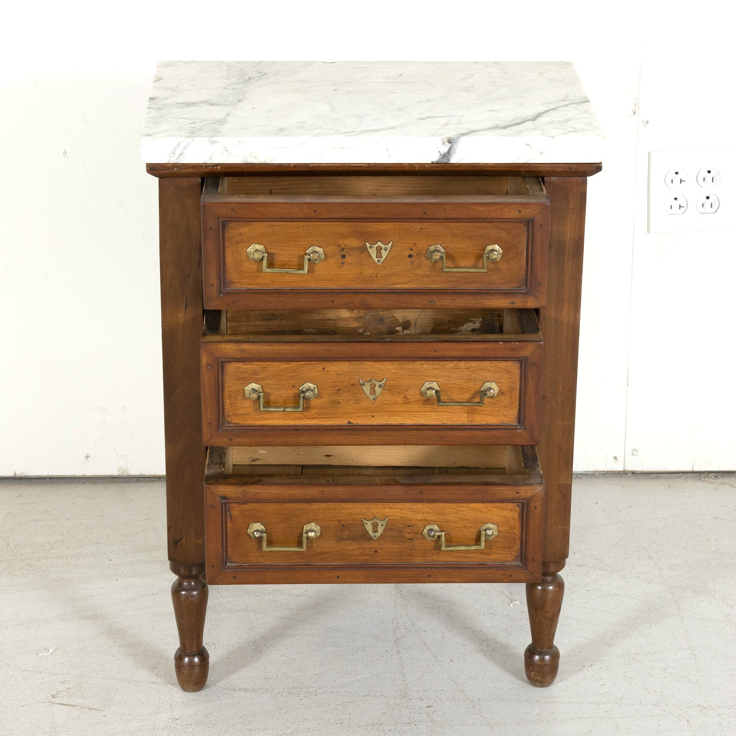19th Century French Louis XVI Style Petite Three-Drawer Walnut Commode with Carrara Marble Top