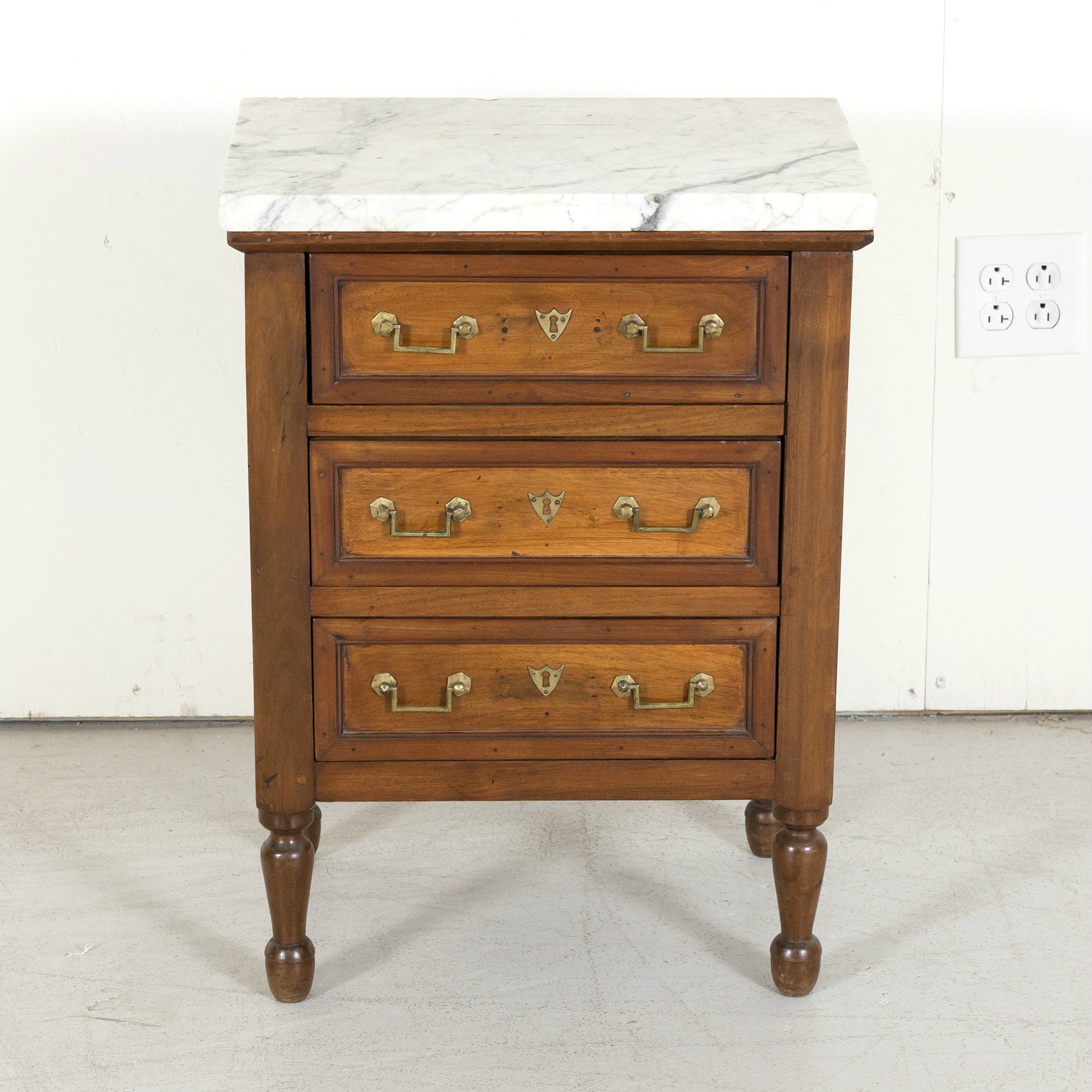 19th Century French Louis XVI Style Petite Three-Drawer Walnut Commode with Carrara Marble Top
