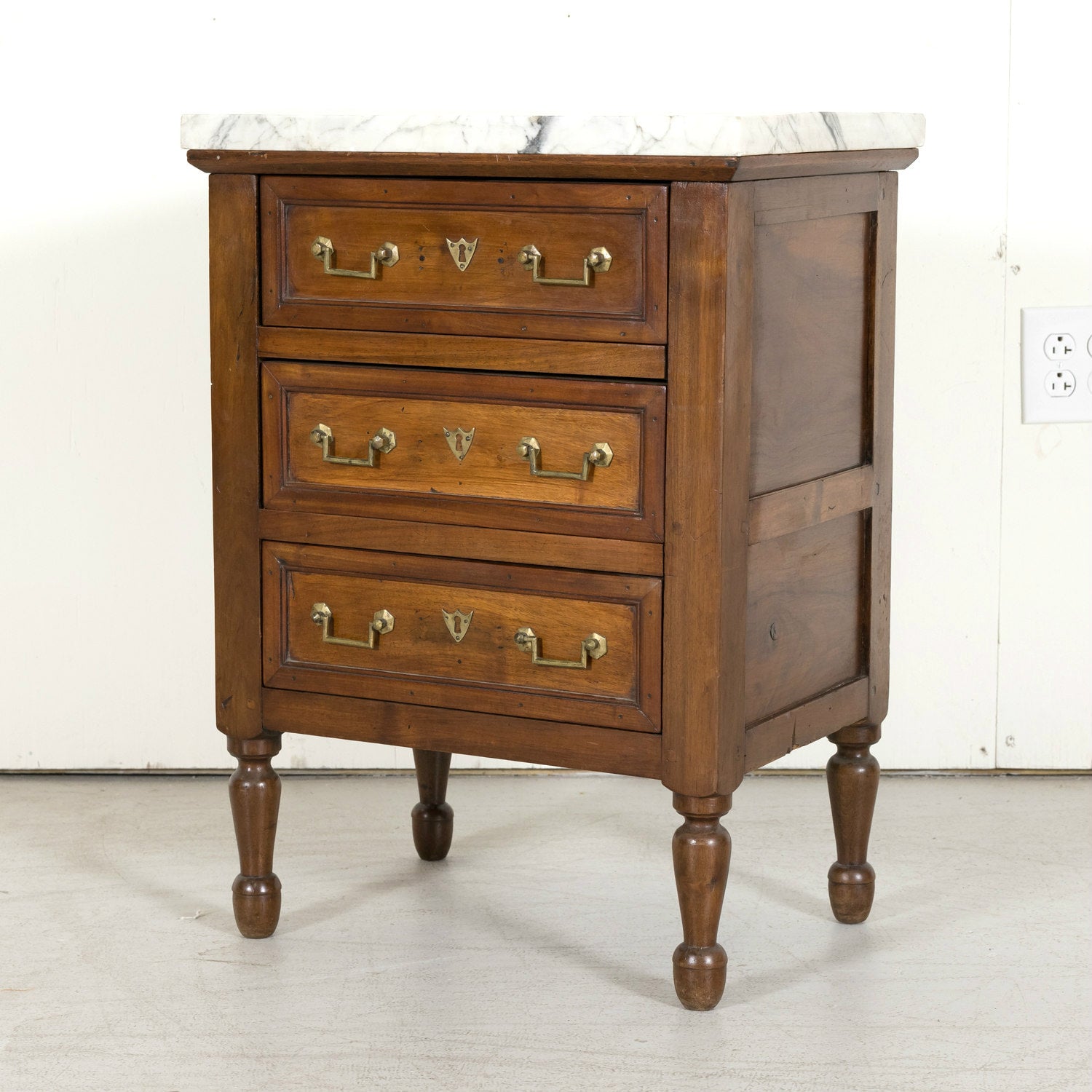 19th Century French Louis XVI Style Petite Three-Drawer Walnut Commode with Carrara Marble Top
