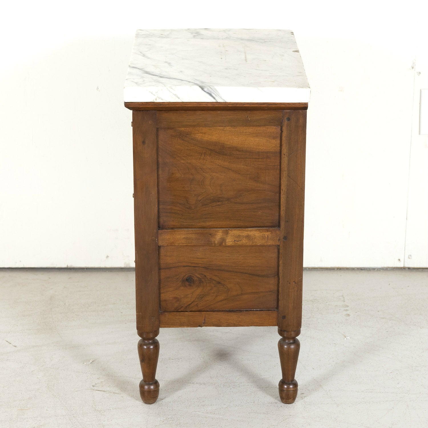 19th Century French Louis XVI Style Petite Three-Drawer Walnut Commode with Carrara Marble Top