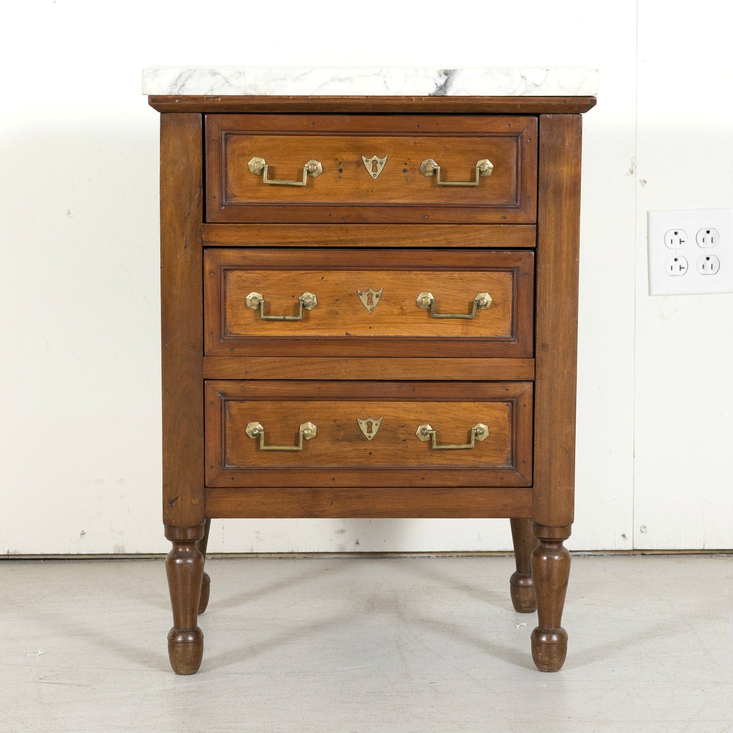 19th Century French Louis XVI Style Petite Three-Drawer Walnut Commode with Carrara Marble Top