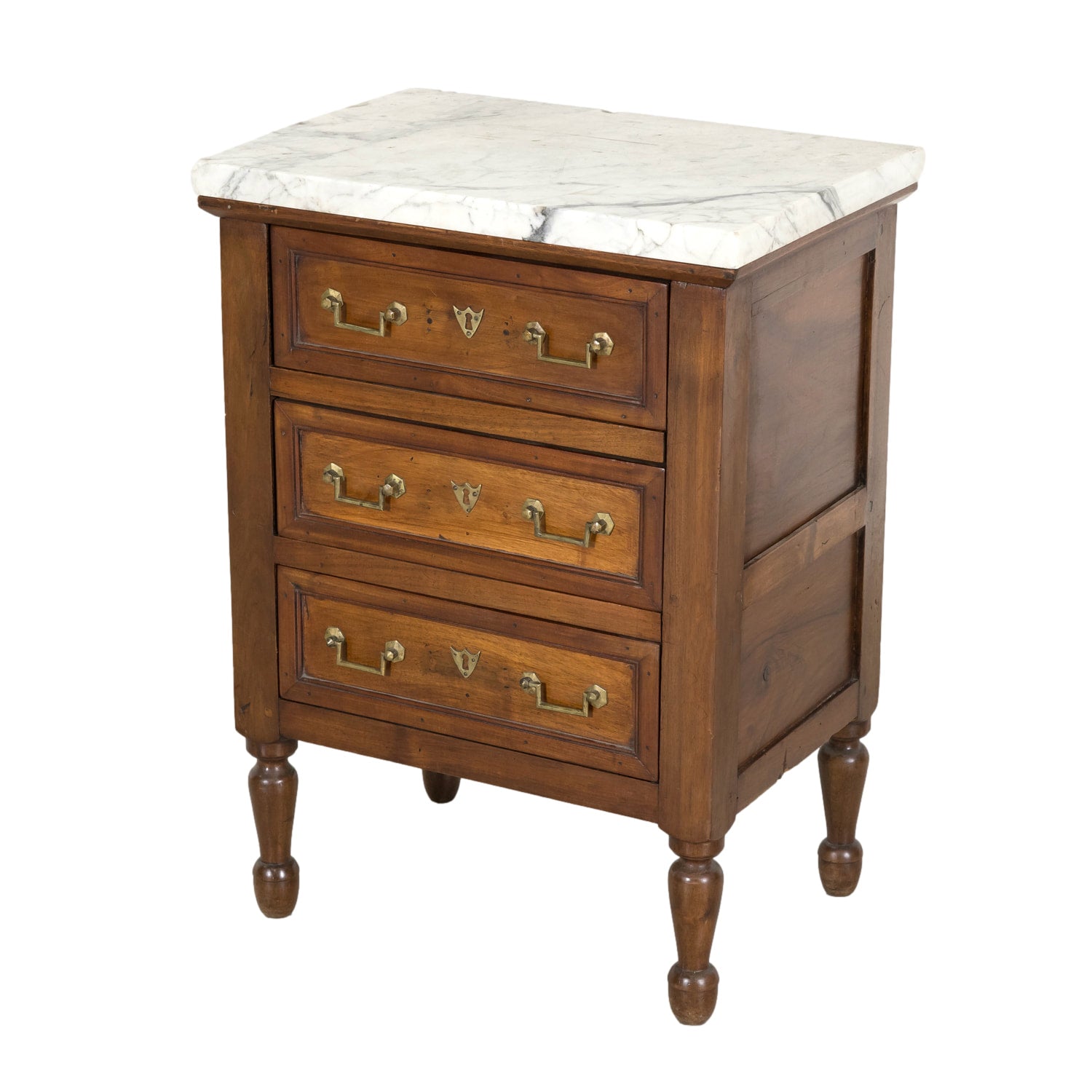 19th Century French Louis XVI Style Petite Three-Drawer Walnut Commode with Carrara Marble Top
