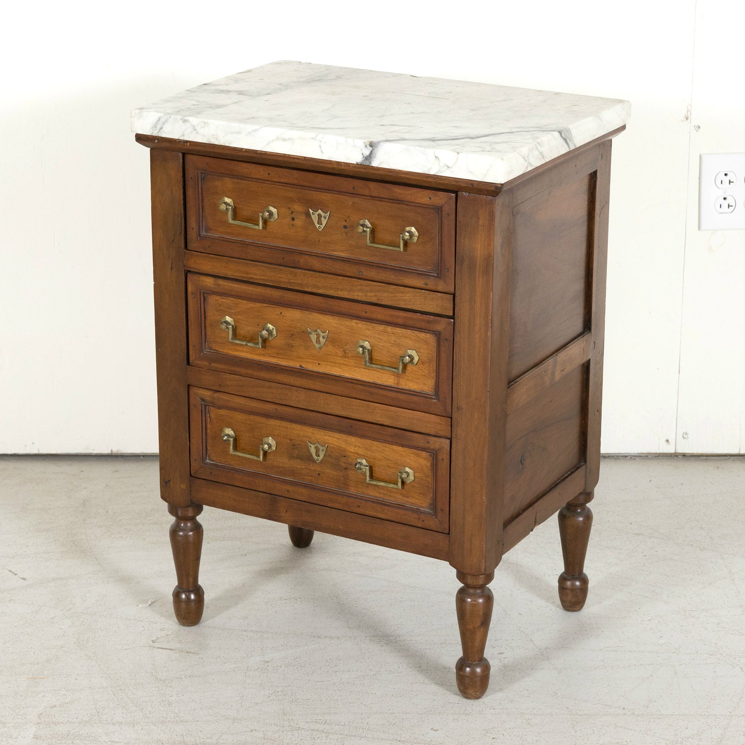19th Century French Louis XVI Style Petite Three-Drawer Walnut Commode with Carrara Marble Top