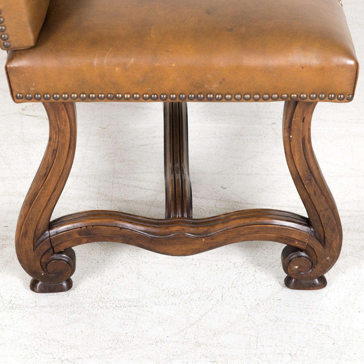 19th Century Louis XIV Style Hand Carved Leather and Velvet Petite Spanish Bench or Banquette