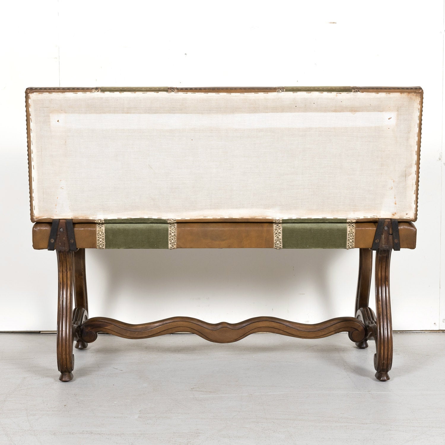 19th Century Louis XIV Style Hand Carved Leather and Velvet Petite Spanish Bench or Banquette