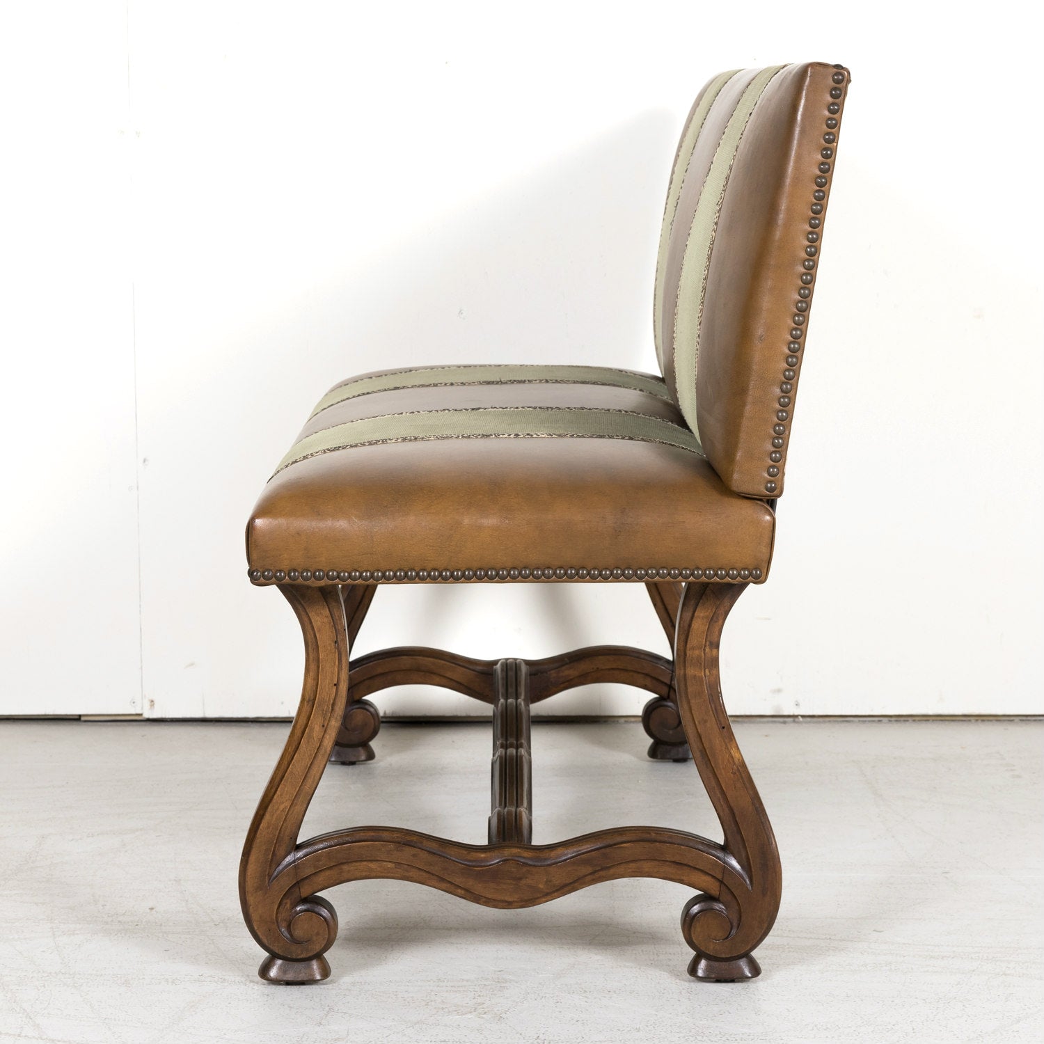 19th Century Louis XIV Style Hand Carved Leather and Velvet Petite Spanish Bench or Banquette