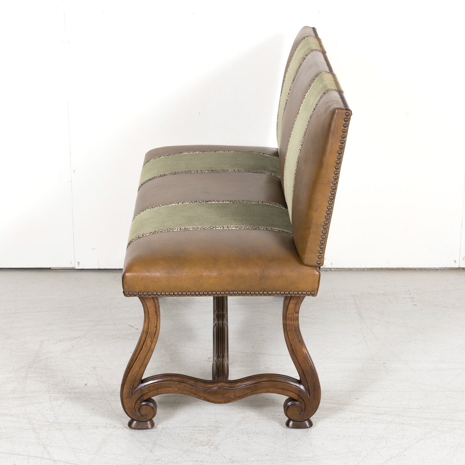 19th Century Louis XIV Style Hand Carved Leather and Velvet Petite Spanish Bench or Banquette