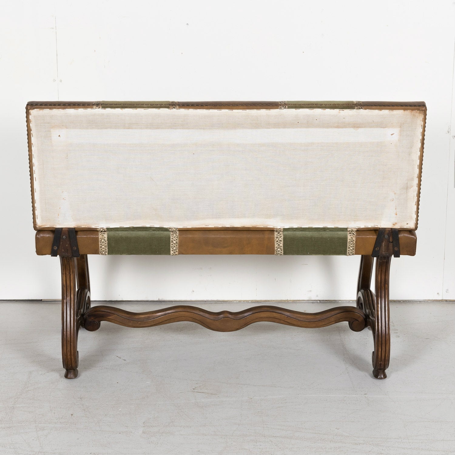 19th Century Louis XIV Style Hand Carved Leather and Velvet Petite Spanish Bench or Banquette