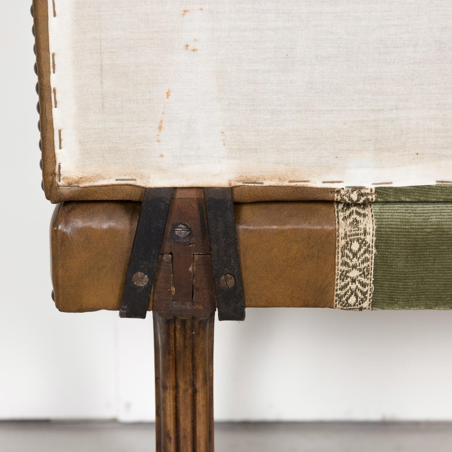 19th Century Louis XIV Style Hand Carved Leather and Velvet Petite Spanish Bench or Banquette