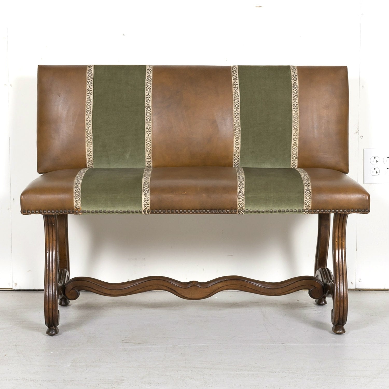 19th Century Louis XIV Style Hand Carved Leather and Velvet Petite Spanish Bench or Banquette