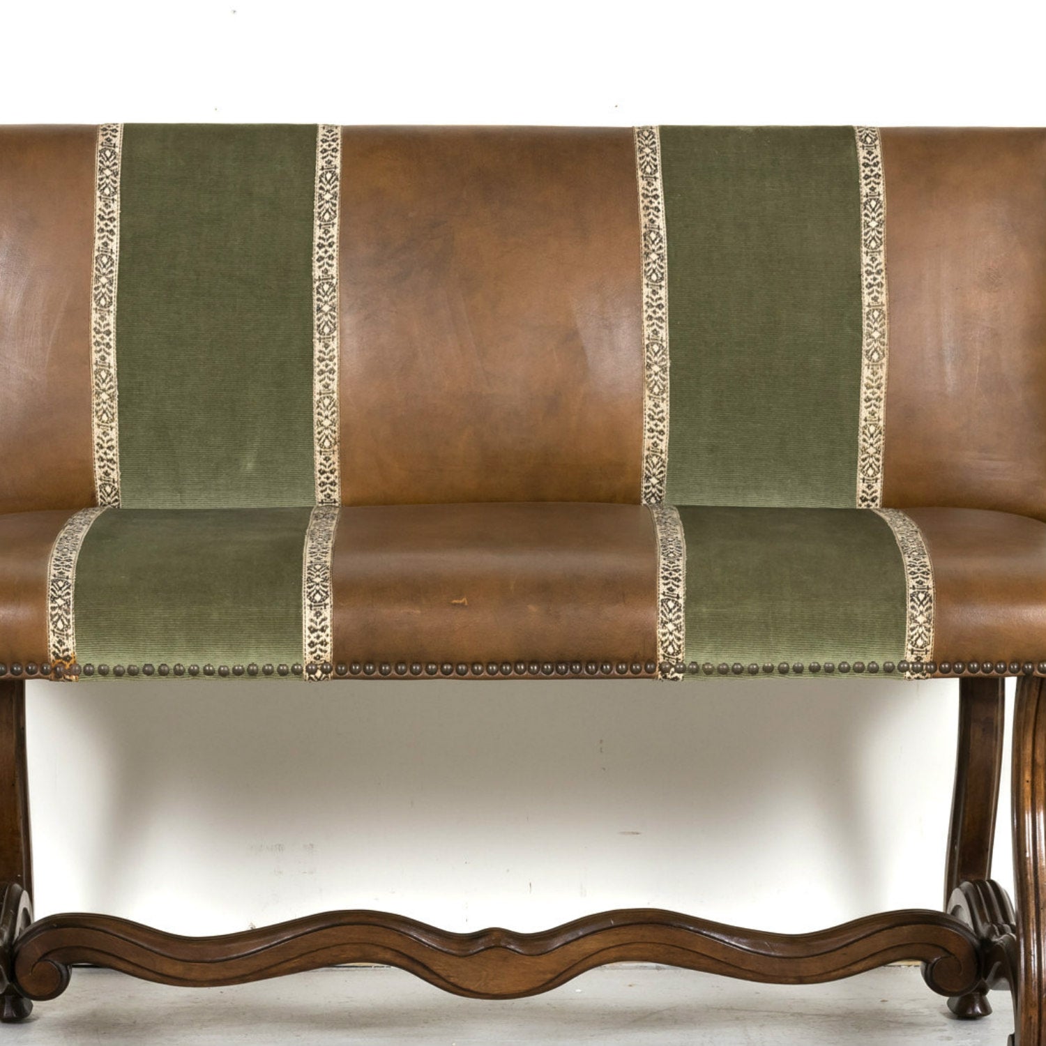 19th Century Louis XIV Style Hand Carved Leather and Velvet Petite Spanish Bench or Banquette