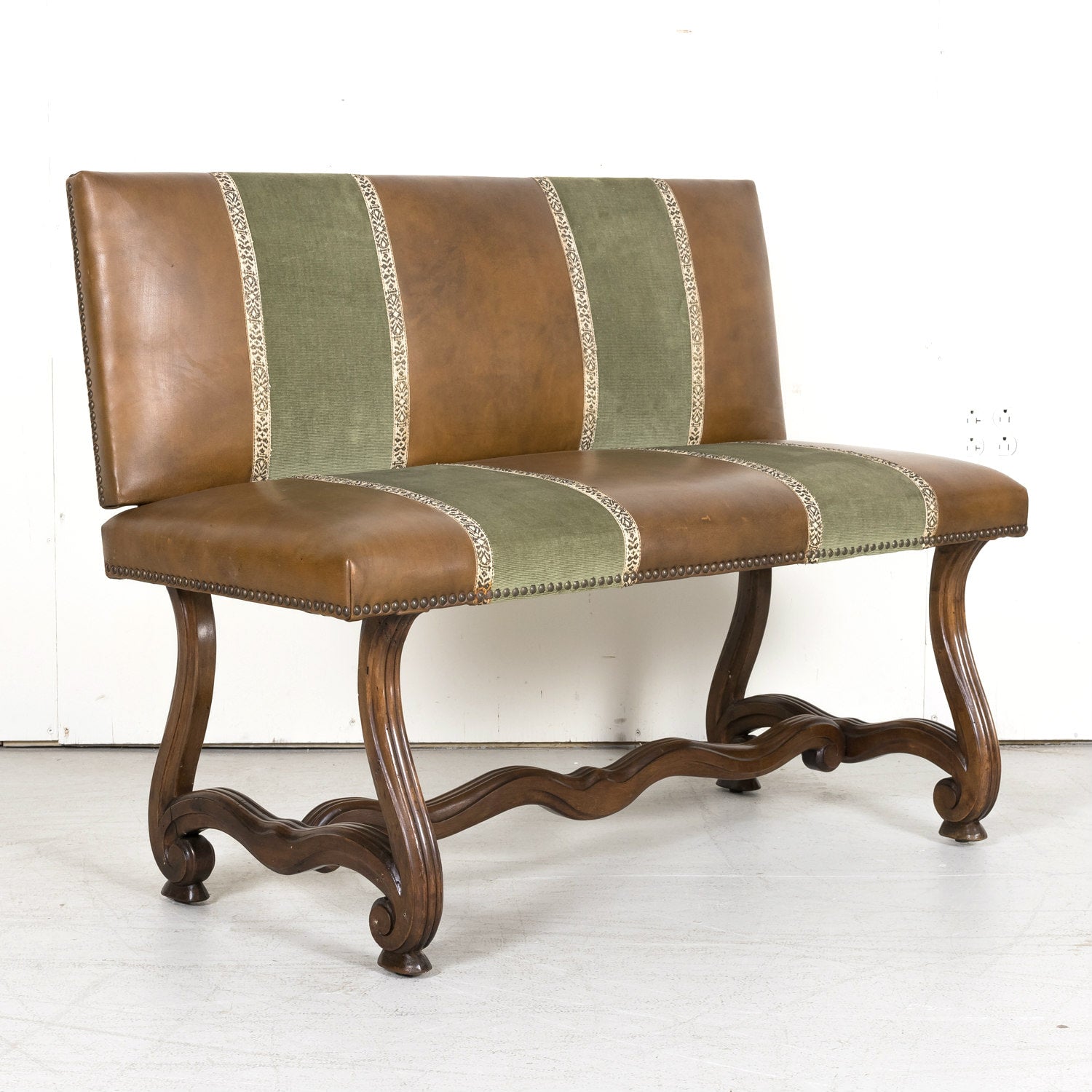 19th Century Louis XIV Style Hand Carved Leather and Velvet Petite Spanish Bench or Banquette