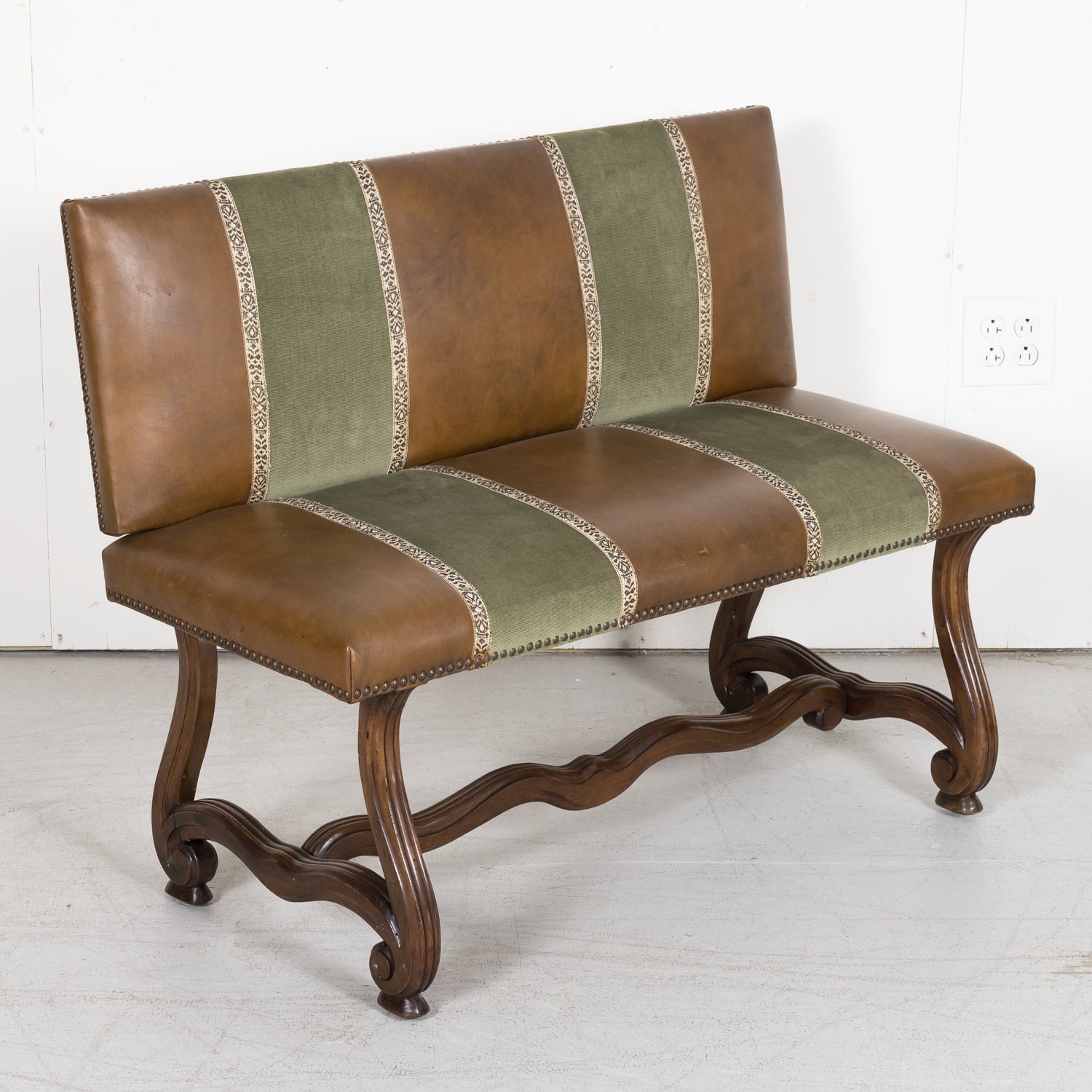 19th Century Louis XIV Style Hand Carved Leather and Velvet Petite Spanish Bench or Banquette