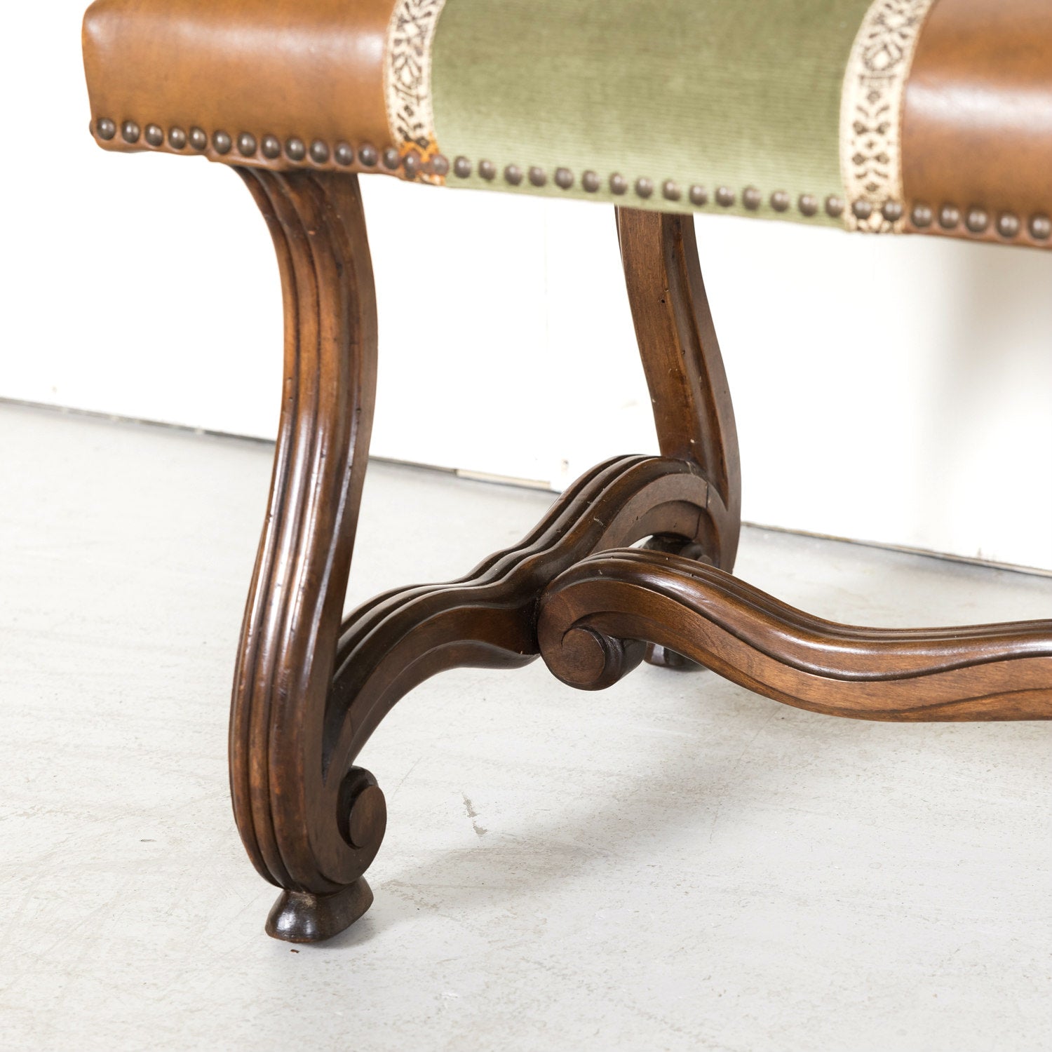 19th Century Louis XIV Style Hand Carved Leather and Velvet Petite Spanish Bench or Banquette