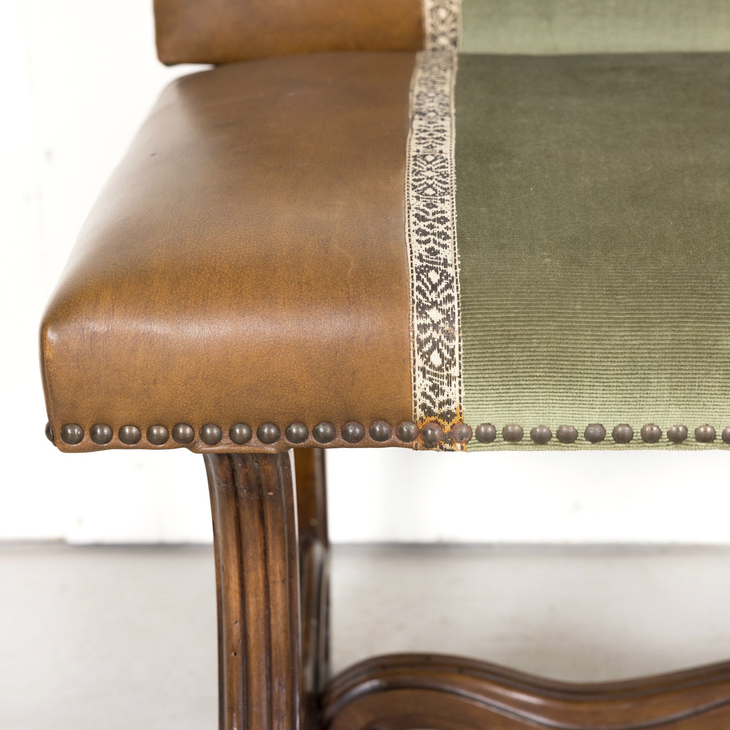 19th Century Louis XIV Style Hand Carved Leather and Velvet Petite Spanish Bench or Banquette