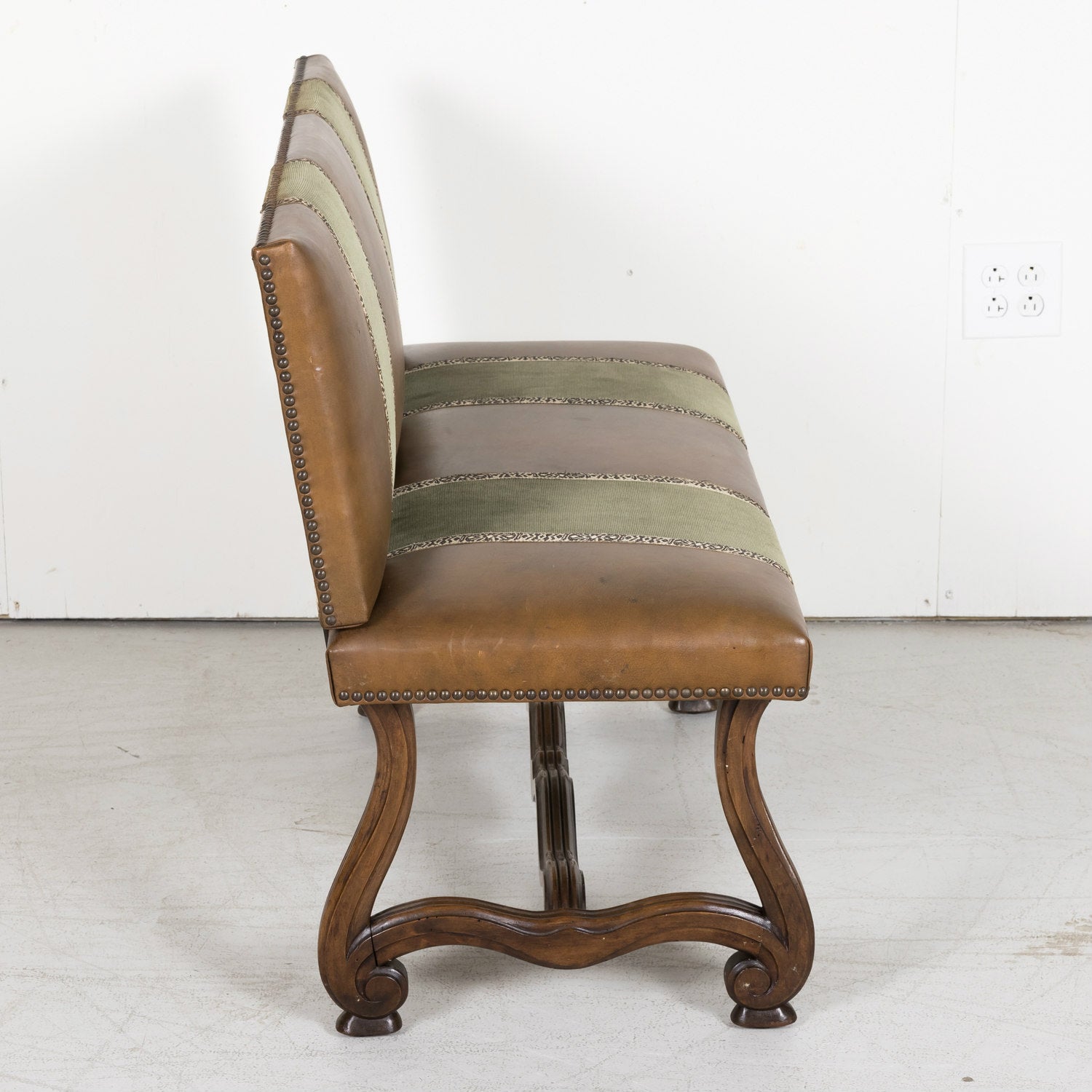 19th Century Louis XIV Style Hand Carved Leather and Velvet Petite Spanish Bench or Banquette