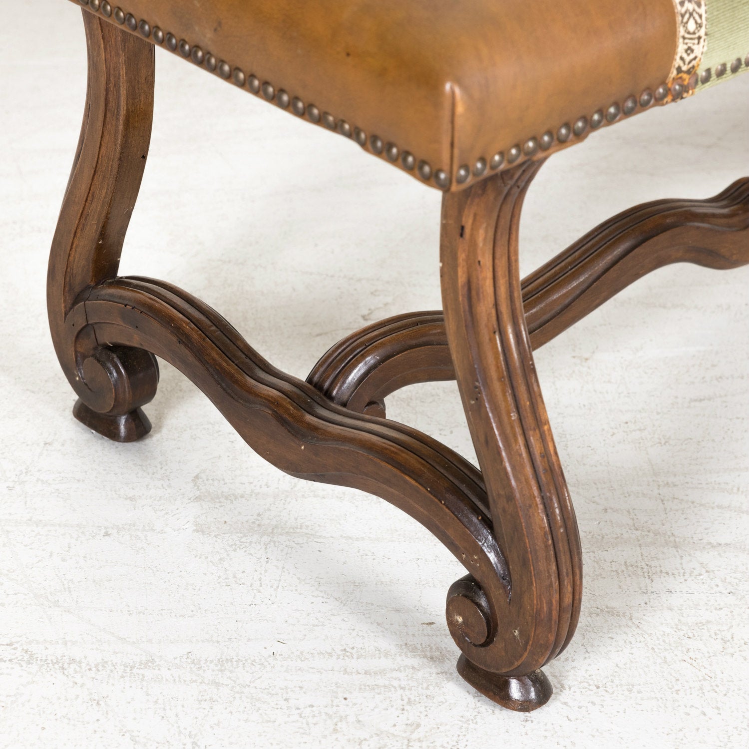 19th Century Louis XIV Style Hand Carved Leather and Velvet Petite Spanish Bench or Banquette