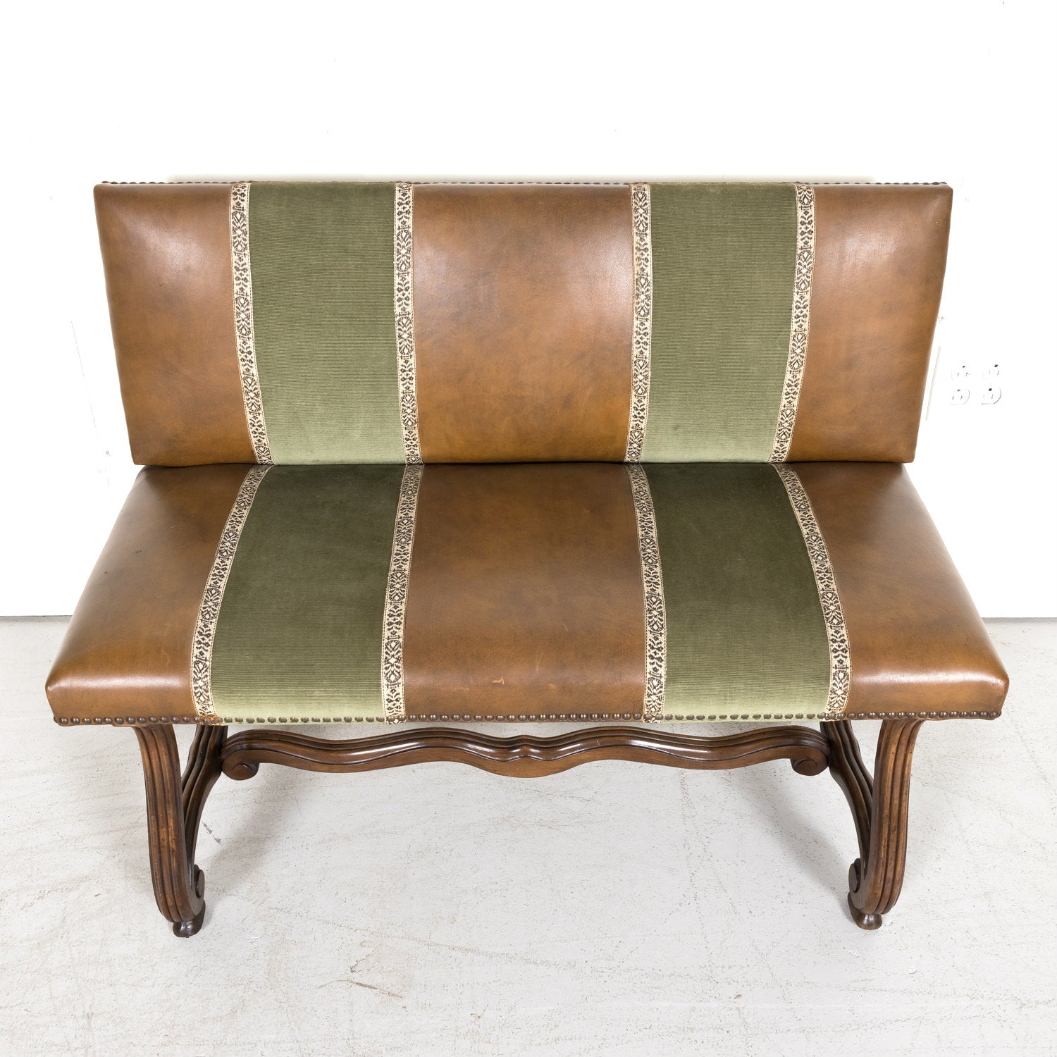 19th Century Louis XIV Style Hand Carved Leather and Velvet Petite Spanish Bench or Banquette