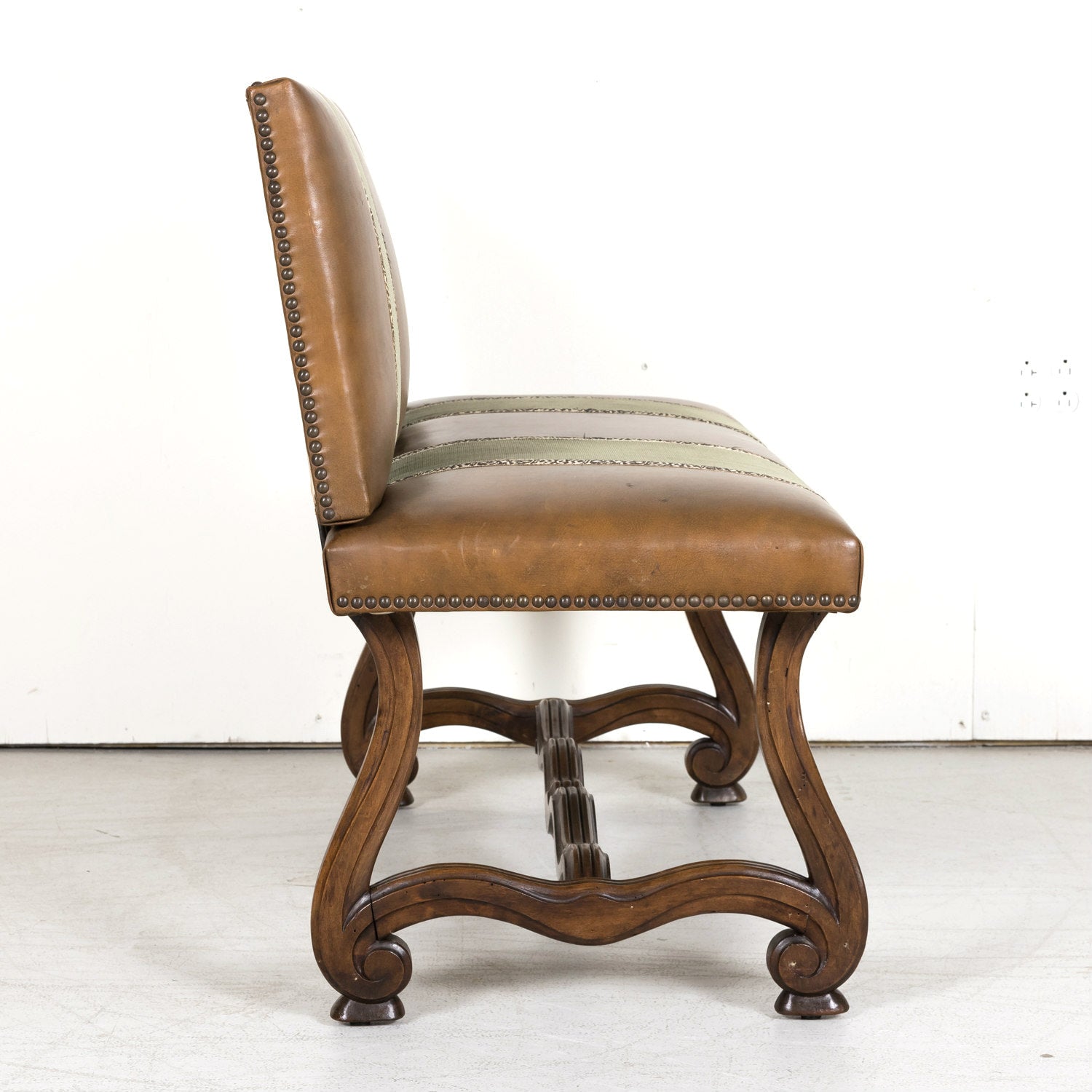 19th Century Louis XIV Style Hand Carved Leather and Velvet Petite Spanish Bench or Banquette