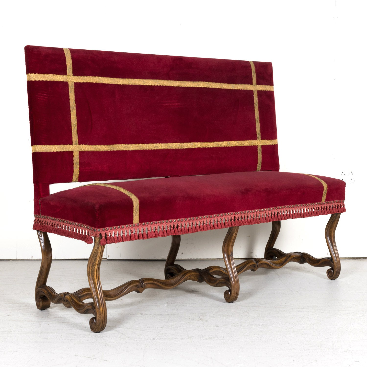 19th Century Louis XIV Style Hand Carved Walnut Upholstered Spanish Bench or Banquette