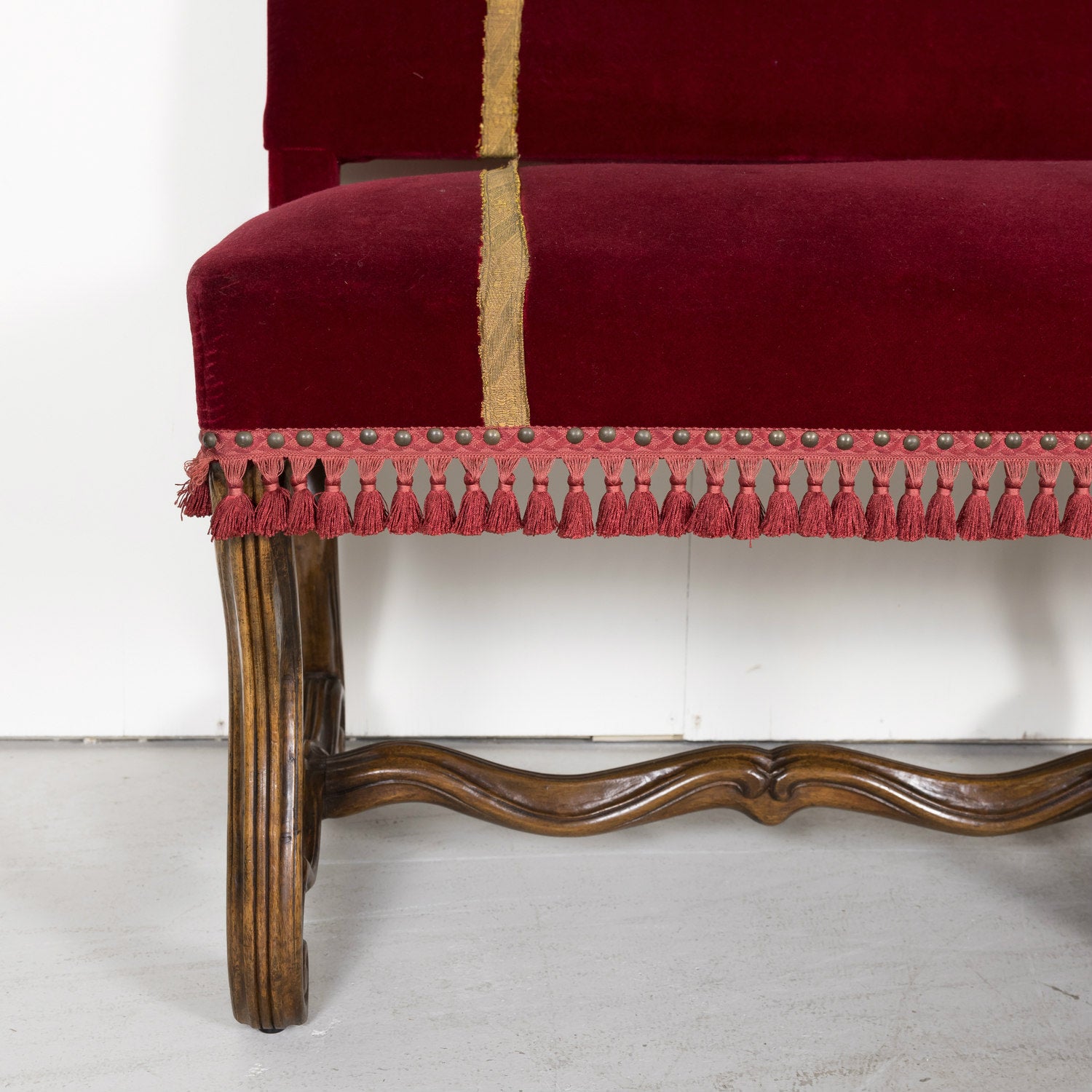 19th Century Louis XIV Style Hand Carved Walnut Upholstered Spanish Bench or Banquette