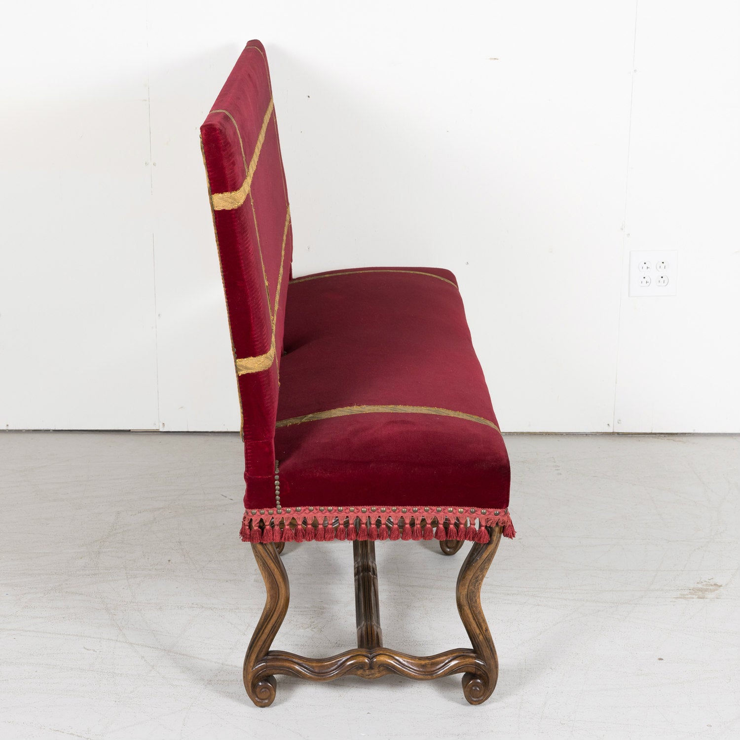 19th Century Louis XIV Style Hand Carved Walnut Upholstered Spanish Bench or Banquette