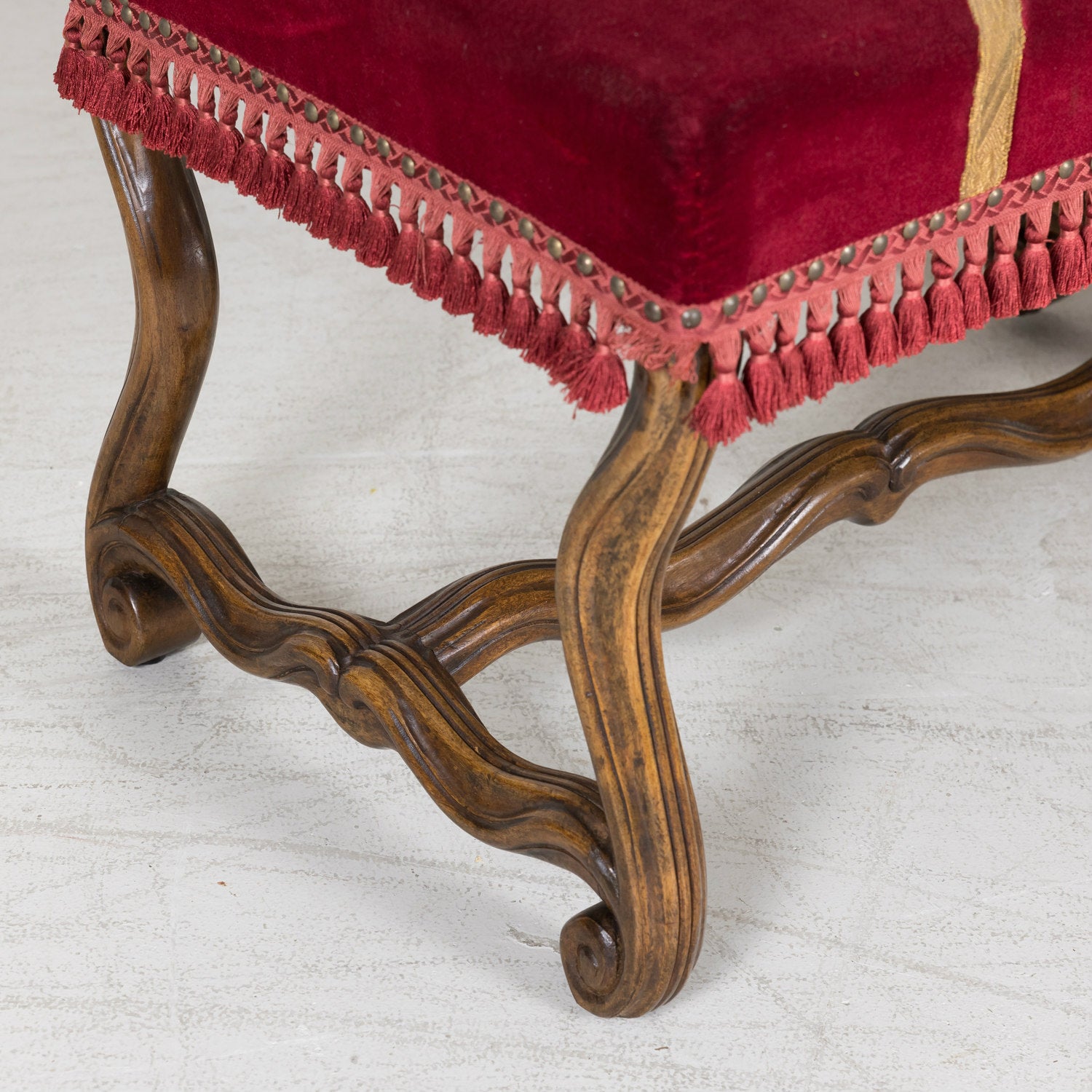 19th Century Louis XIV Style Hand Carved Walnut Upholstered Spanish Bench or Banquette