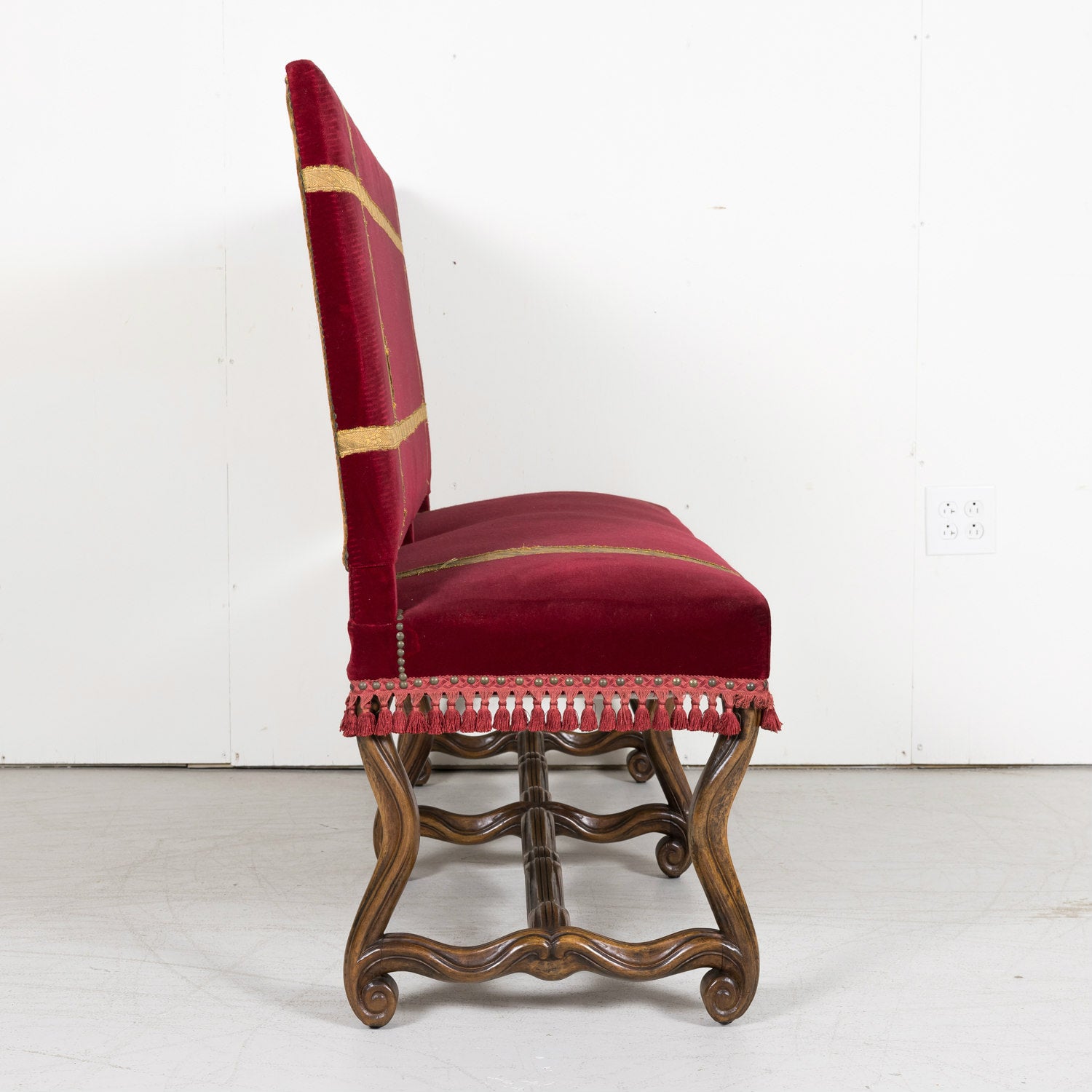 19th Century Louis XIV Style Hand Carved Walnut Upholstered Spanish Bench or Banquette