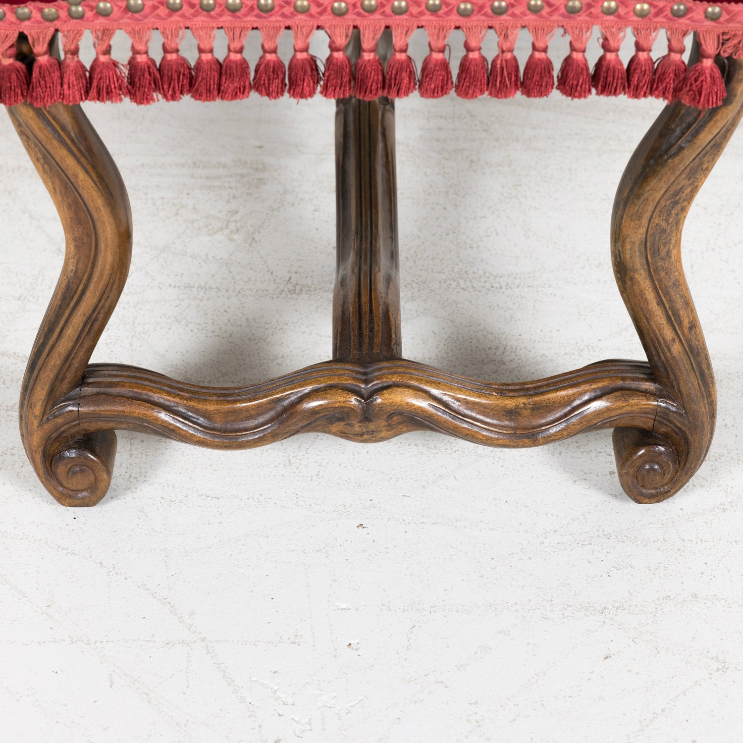 19th Century Louis XIV Style Hand Carved Walnut Upholstered Spanish Bench or Banquette