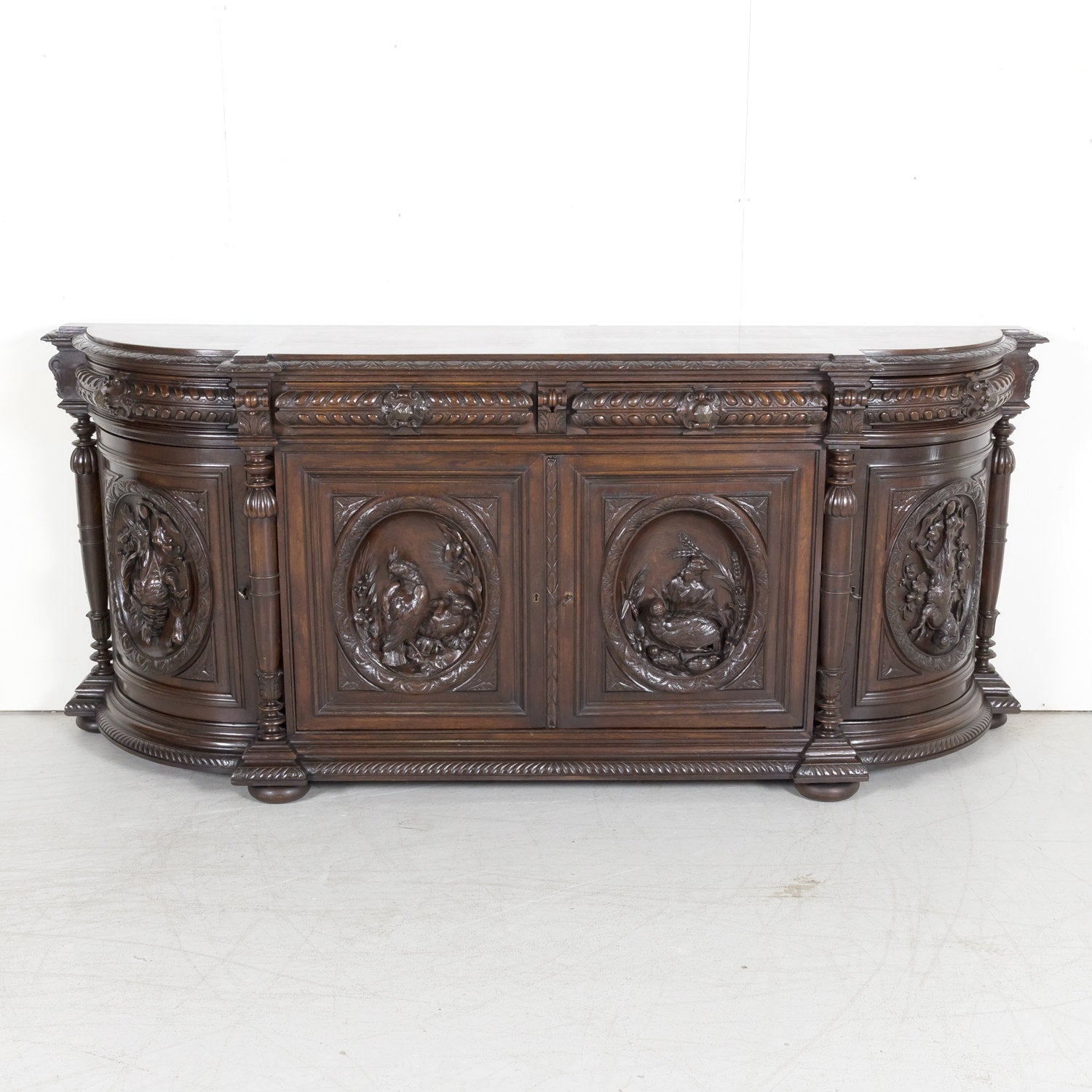 Large 19th Century French Louis XIII Style Oak Demilune Hunt Enfilade Buffet