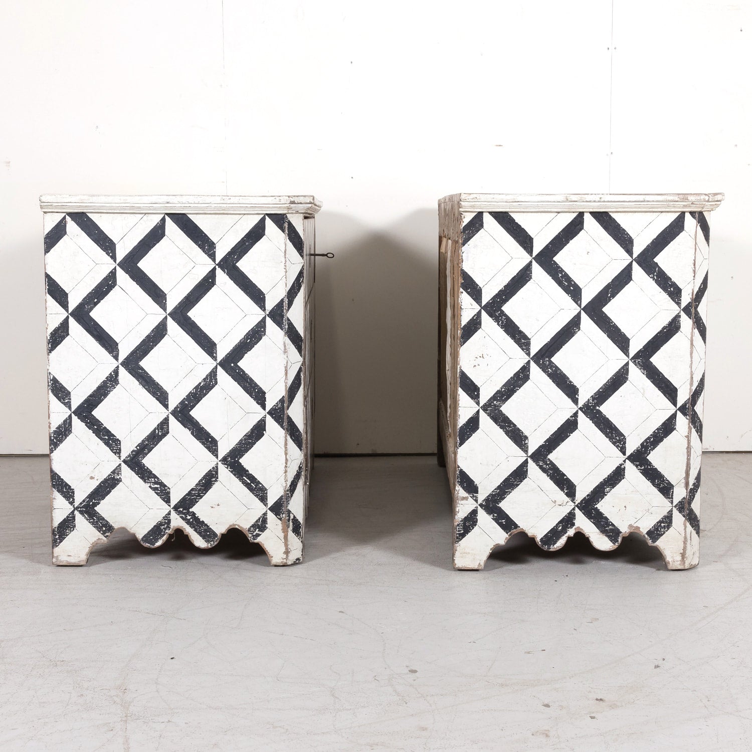 Pair of 19th Century Black and White Hand Painted Italian Commodes