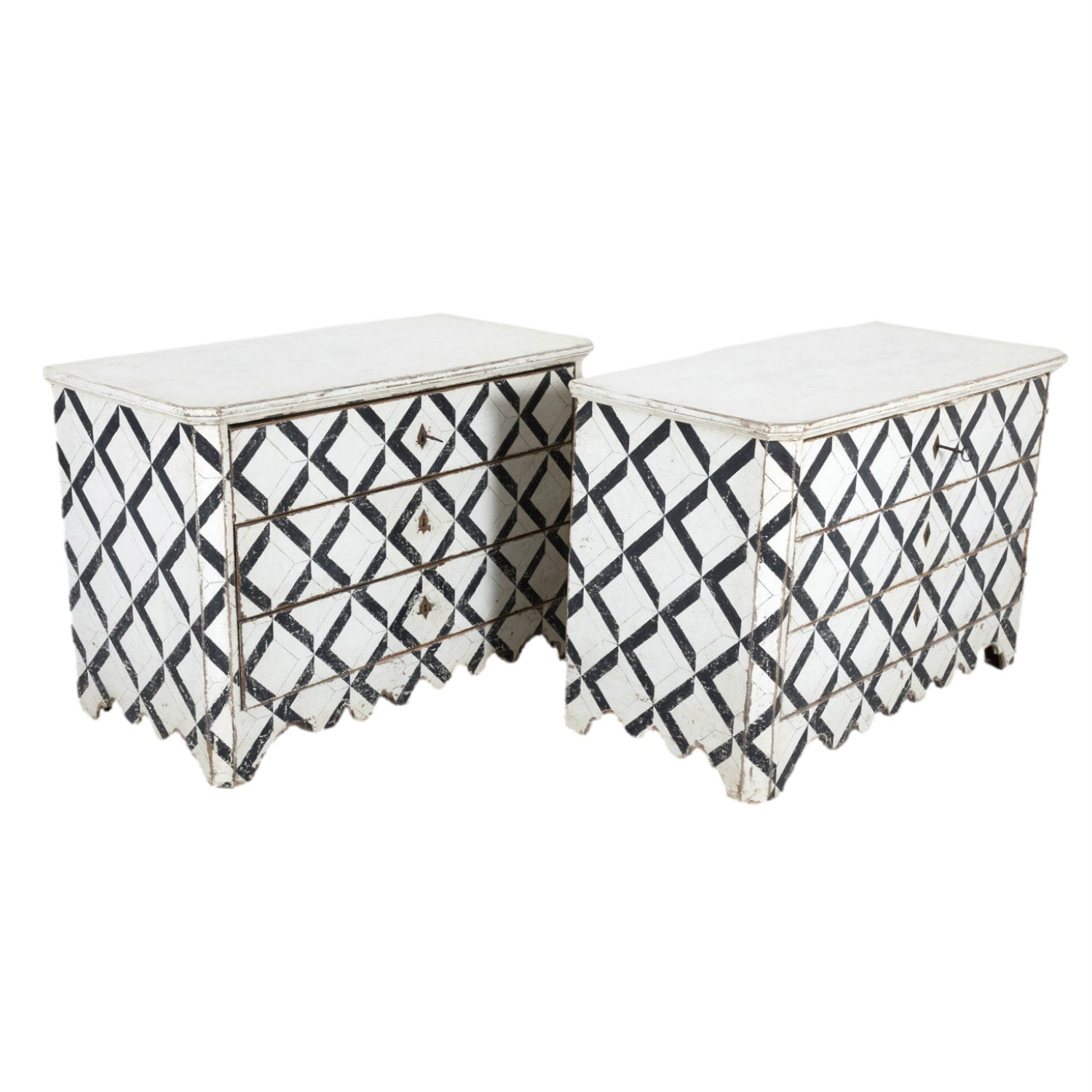 Pair of 19th Century Black and White Hand Painted Italian Commodes