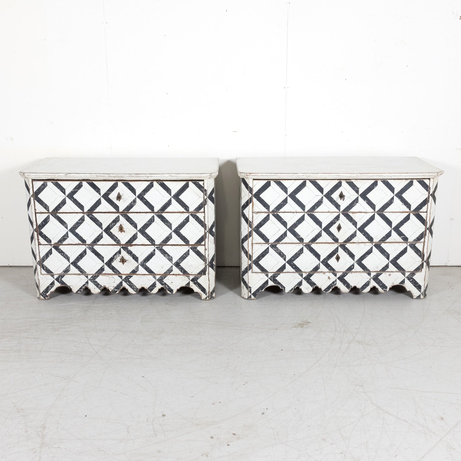 Pair of 19th Century Black and White Hand Painted Italian Commodes