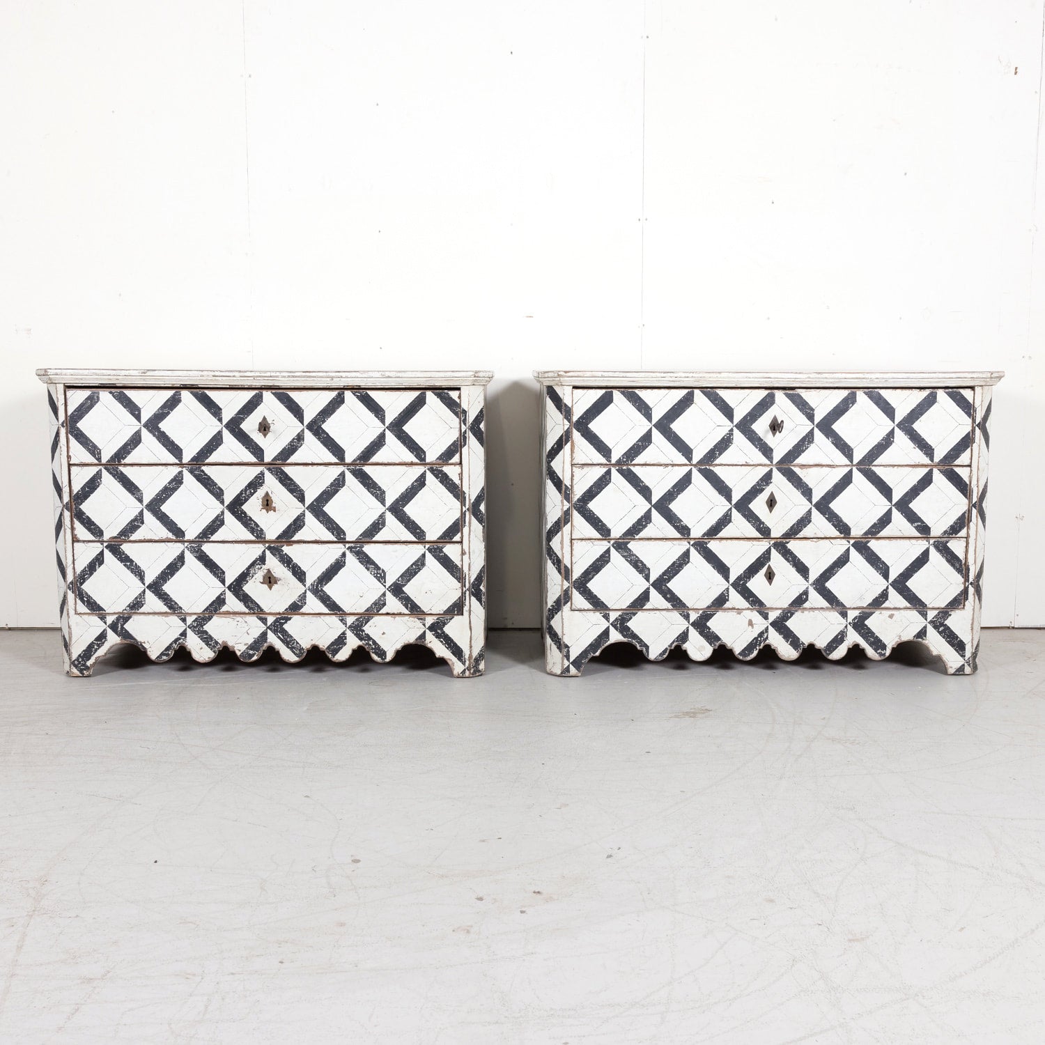 Pair of 19th Century Black and White Hand Painted Italian Commodes