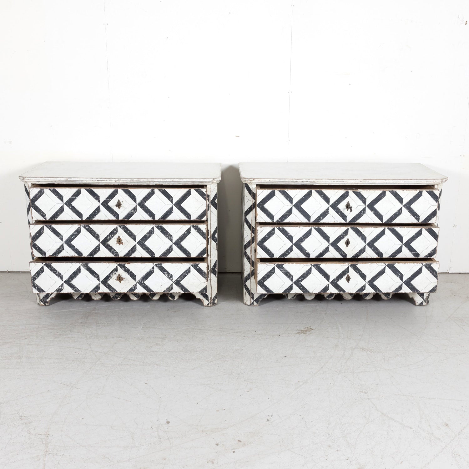 Pair of 19th Century Black and White Hand Painted Italian Commodes