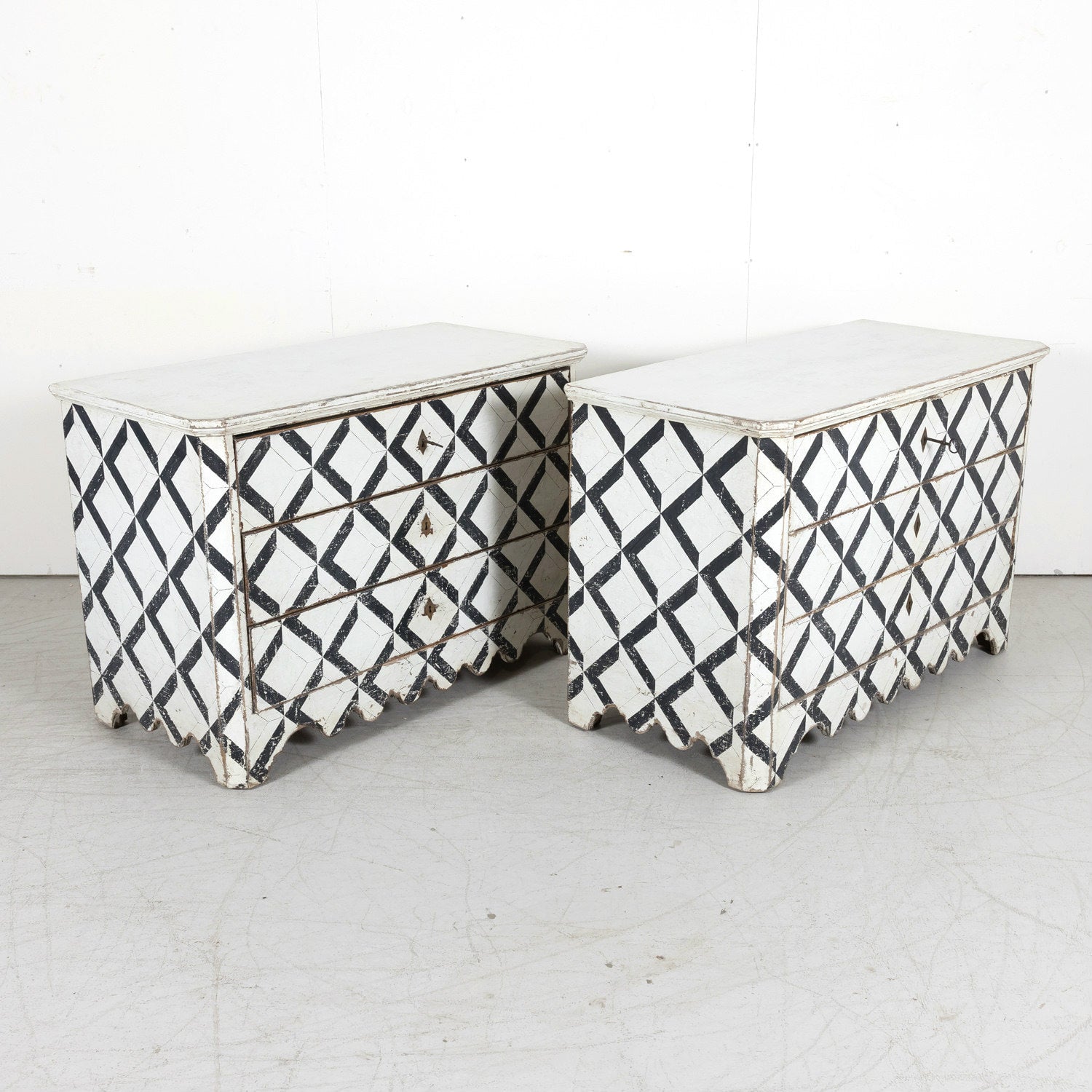 Pair of 19th Century Black and White Hand Painted Italian Commodes