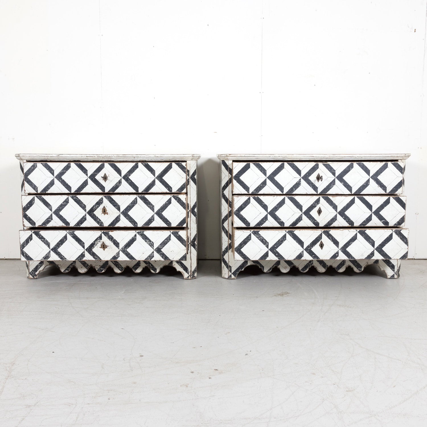 Pair of 19th Century Black and White Hand Painted Italian Commodes