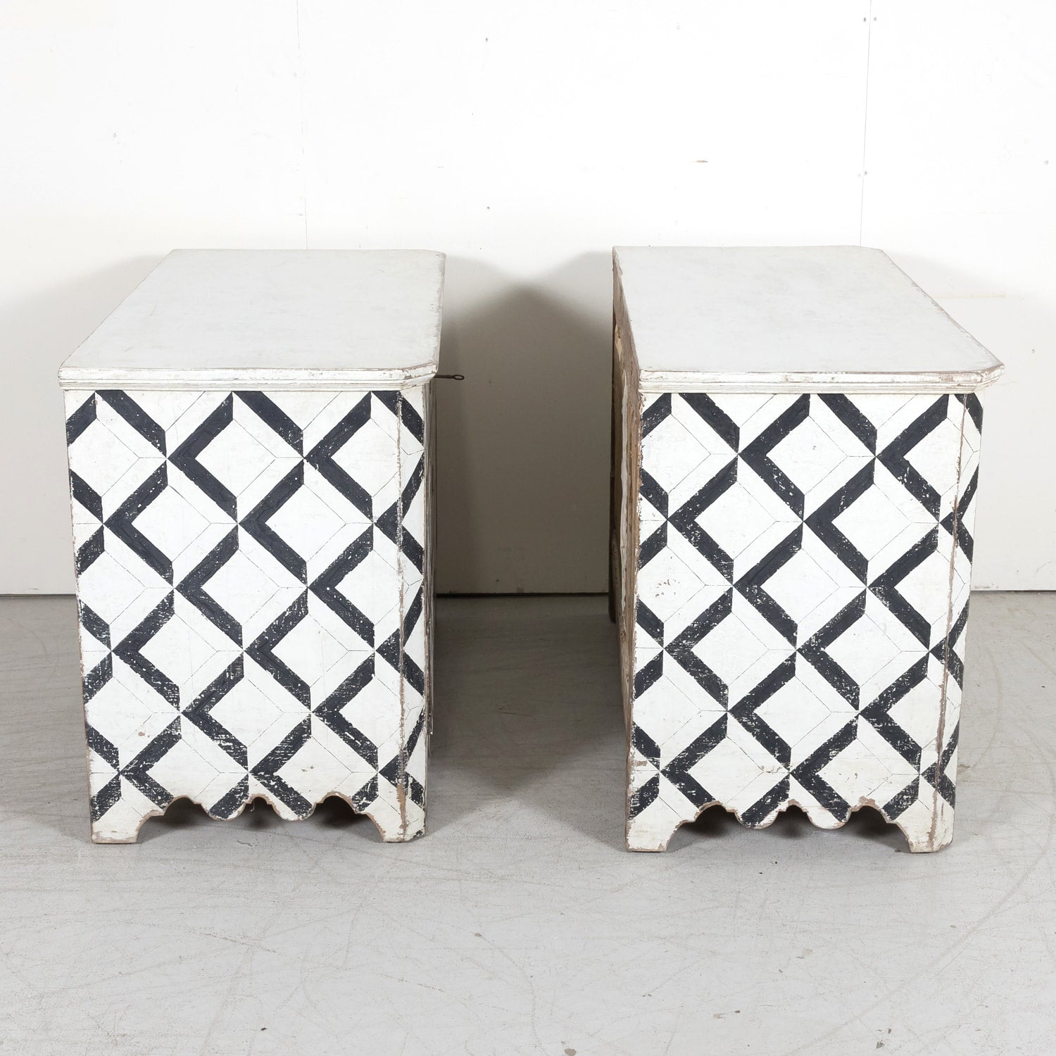 Pair of 19th Century Black and White Hand Painted Italian Commodes