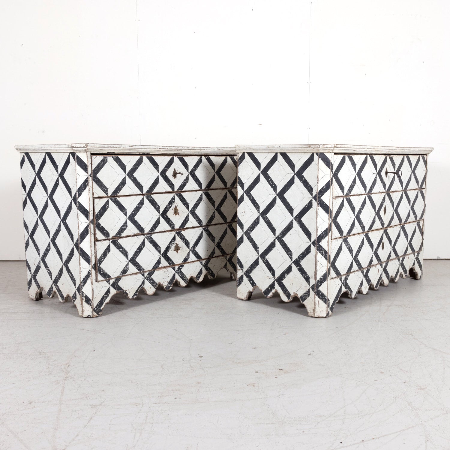 Pair of 19th Century Black and White Hand Painted Italian Commodes