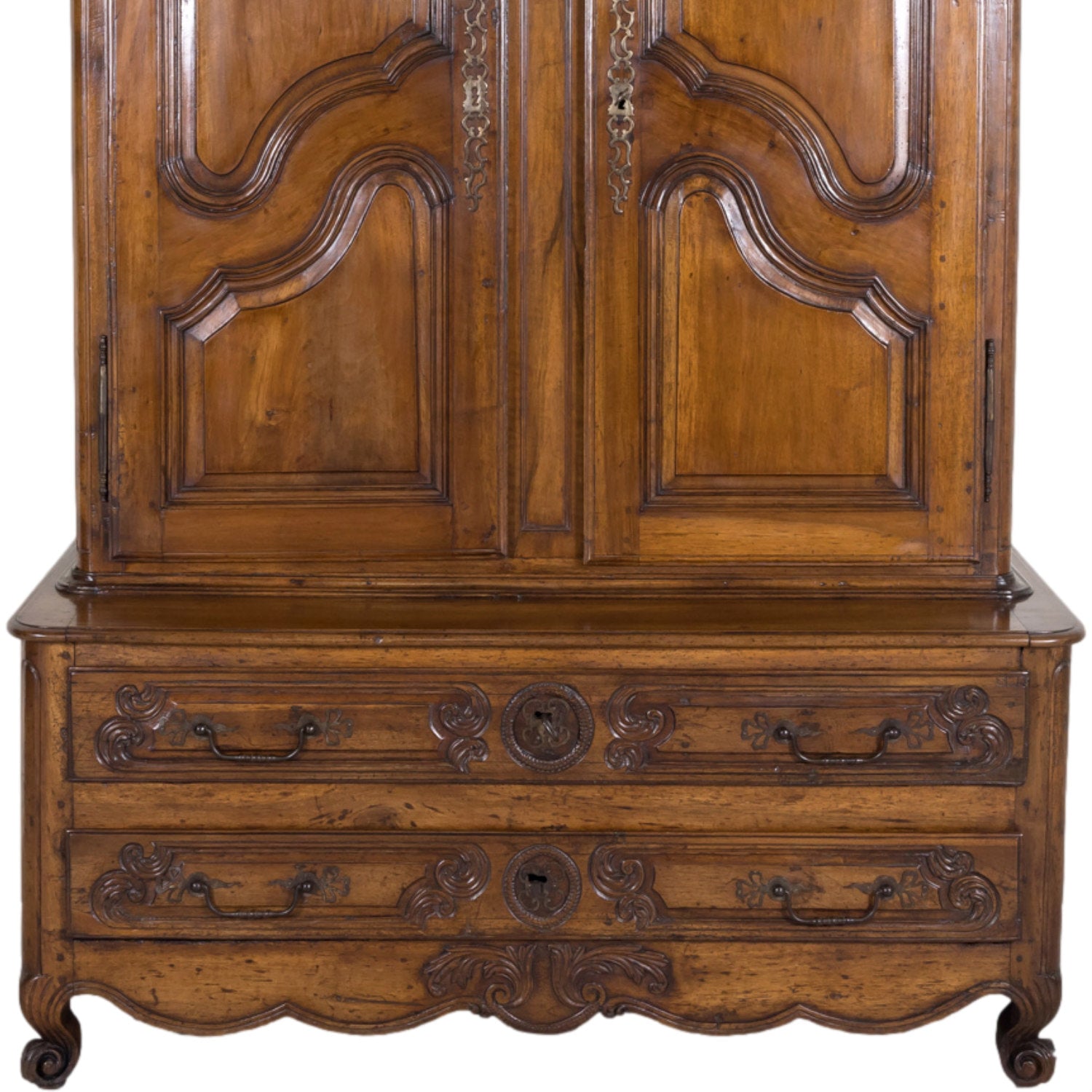 Rare 18th Century French Louis XV Period Carved Walnut Armoire Pantalonnier Deux Corps