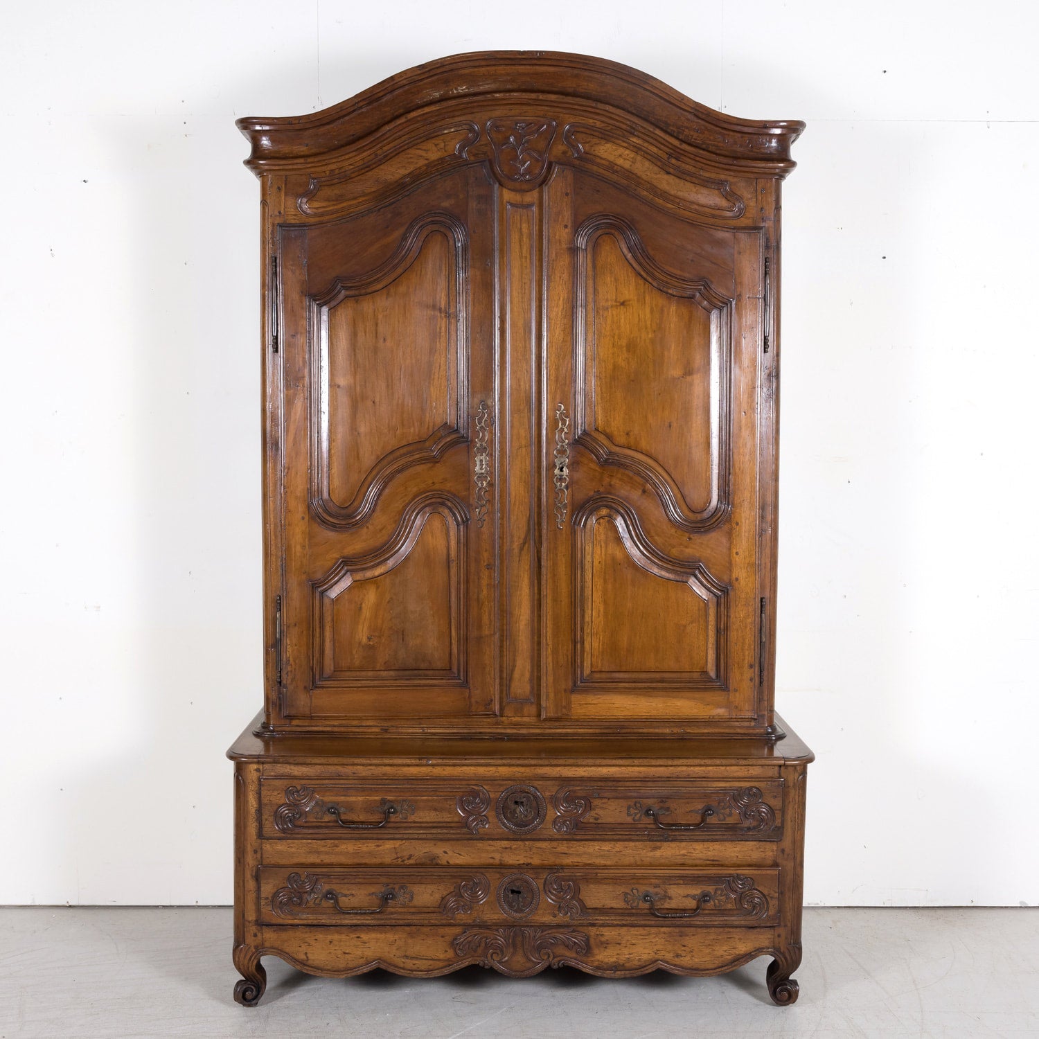 Rare 18th Century French Louis XV Period Carved Walnut Armoire Pantalonnier Deux Corps