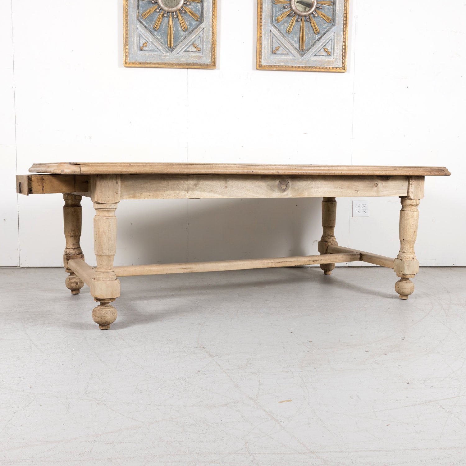 19th Century Bleached Walnut Farm Table with Parquet Top and Drawer