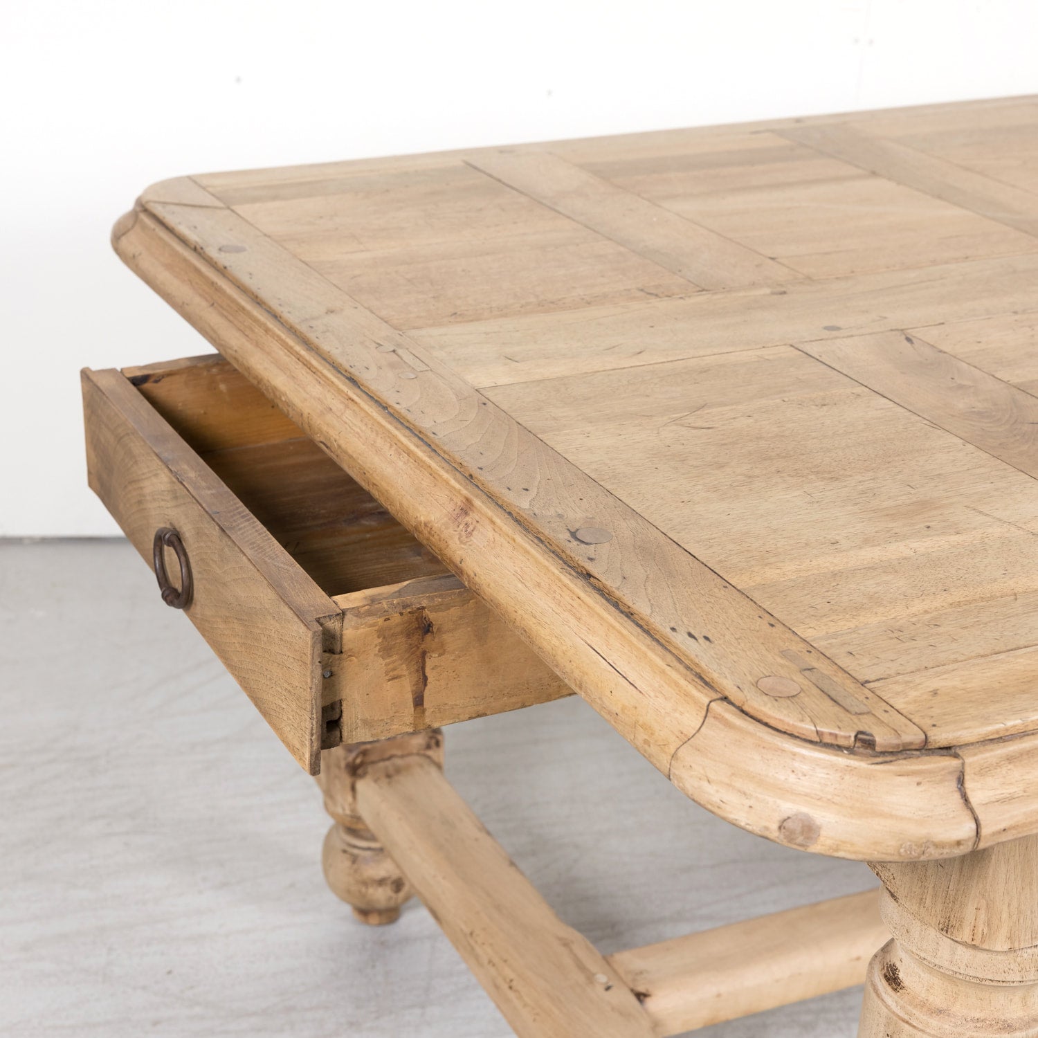 19th Century Bleached Walnut Farm Table with Parquet Top and Drawer
