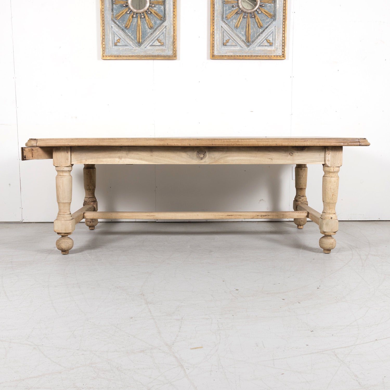 19th Century Bleached Walnut Farm Table with Parquet Top and Drawer