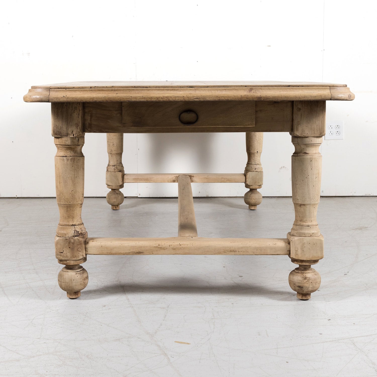 19th Century Bleached Walnut Farm Table with Parquet Top and Drawer
