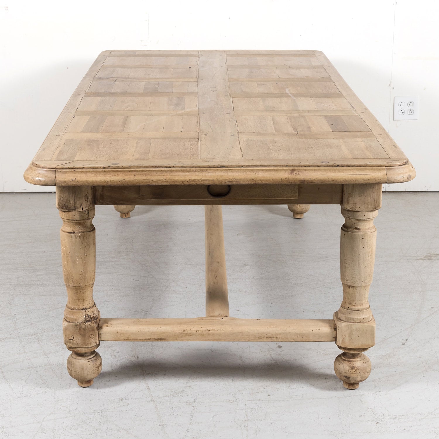 19th Century Bleached Walnut Farm Table with Parquet Top and Drawer