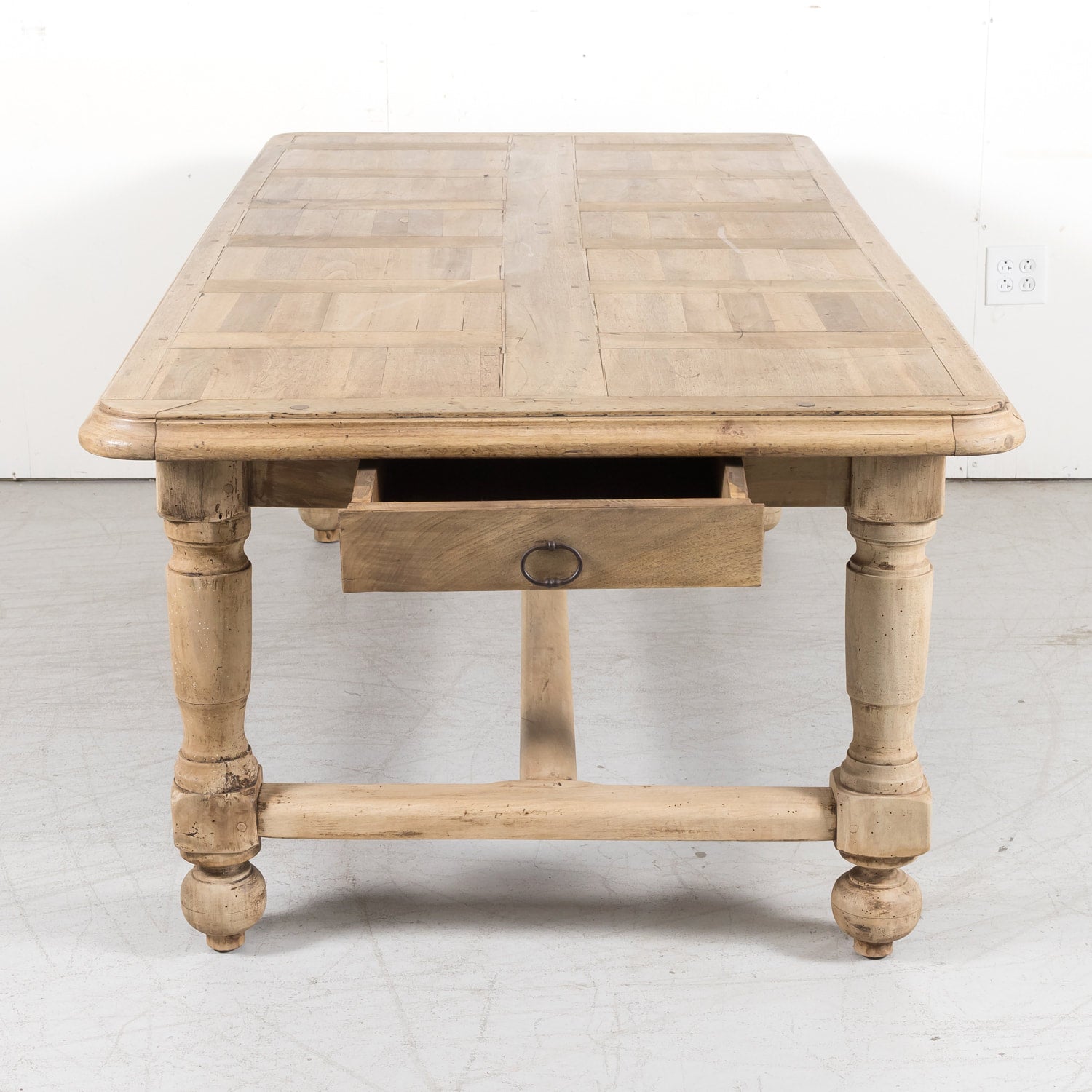 19th Century Bleached Walnut Farm Table with Parquet Top and Drawer
